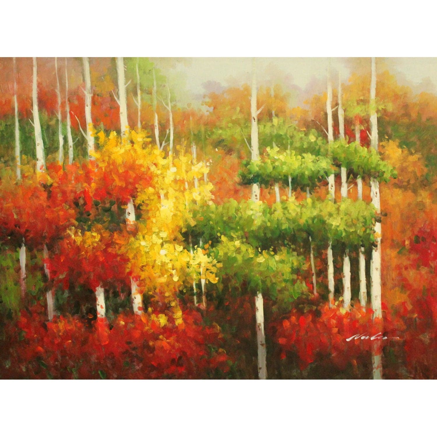 Framed Original Oil Autumn White Bark Trees - Thumbnail 2