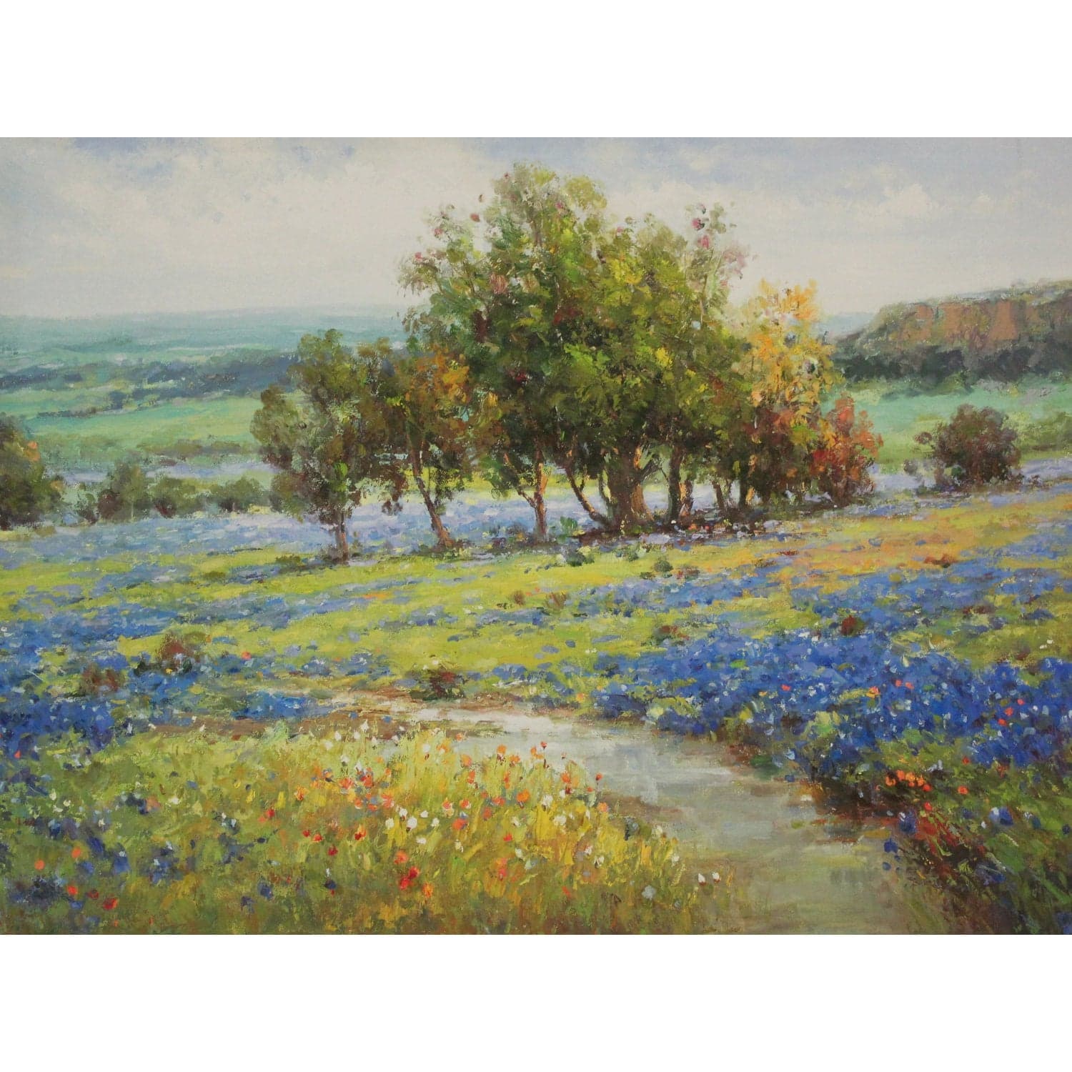 Framed Original Oil Blue Flower Field with Trees - Thumbnail 2