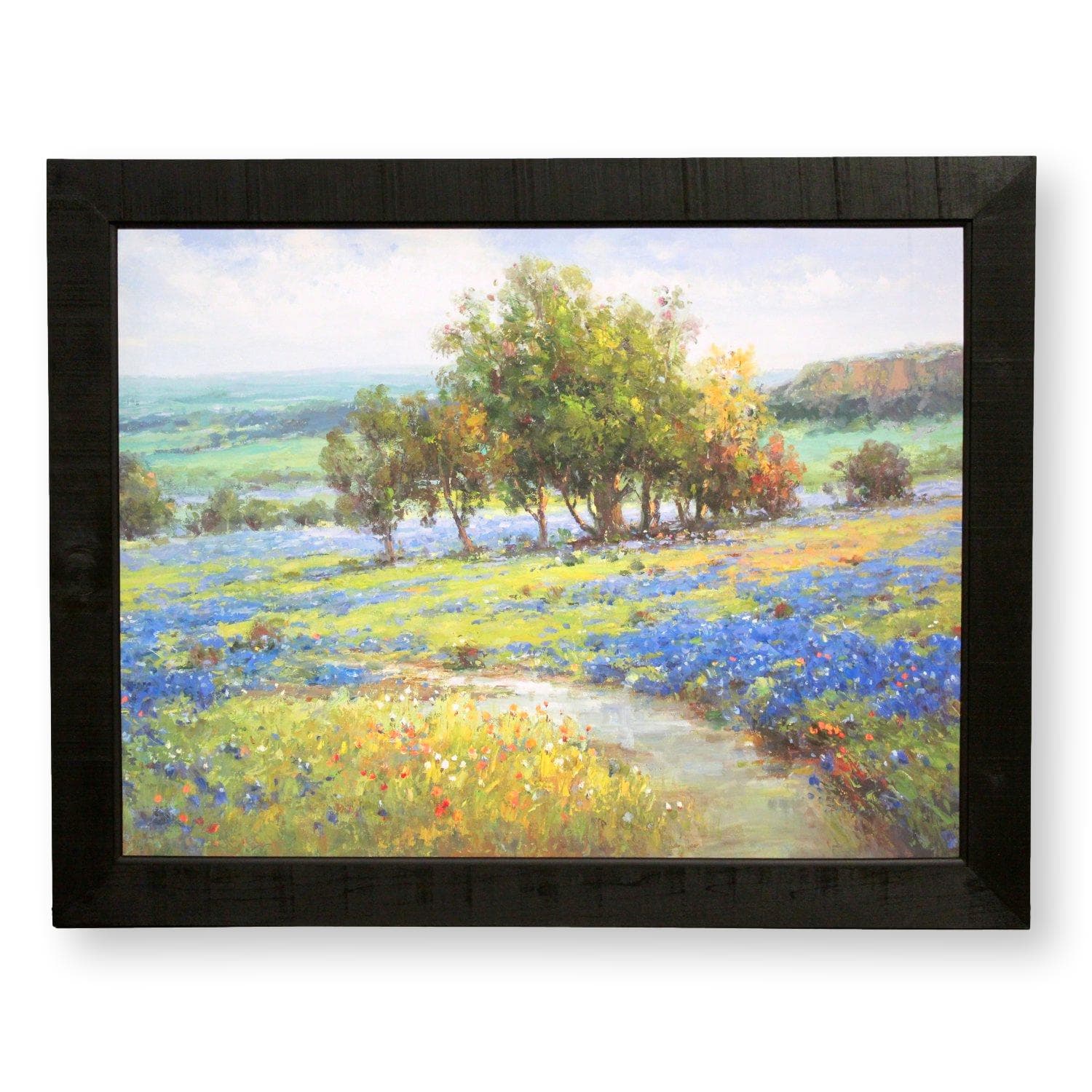 Framed Original Oil Blue Flower Field with Trees - Image 1