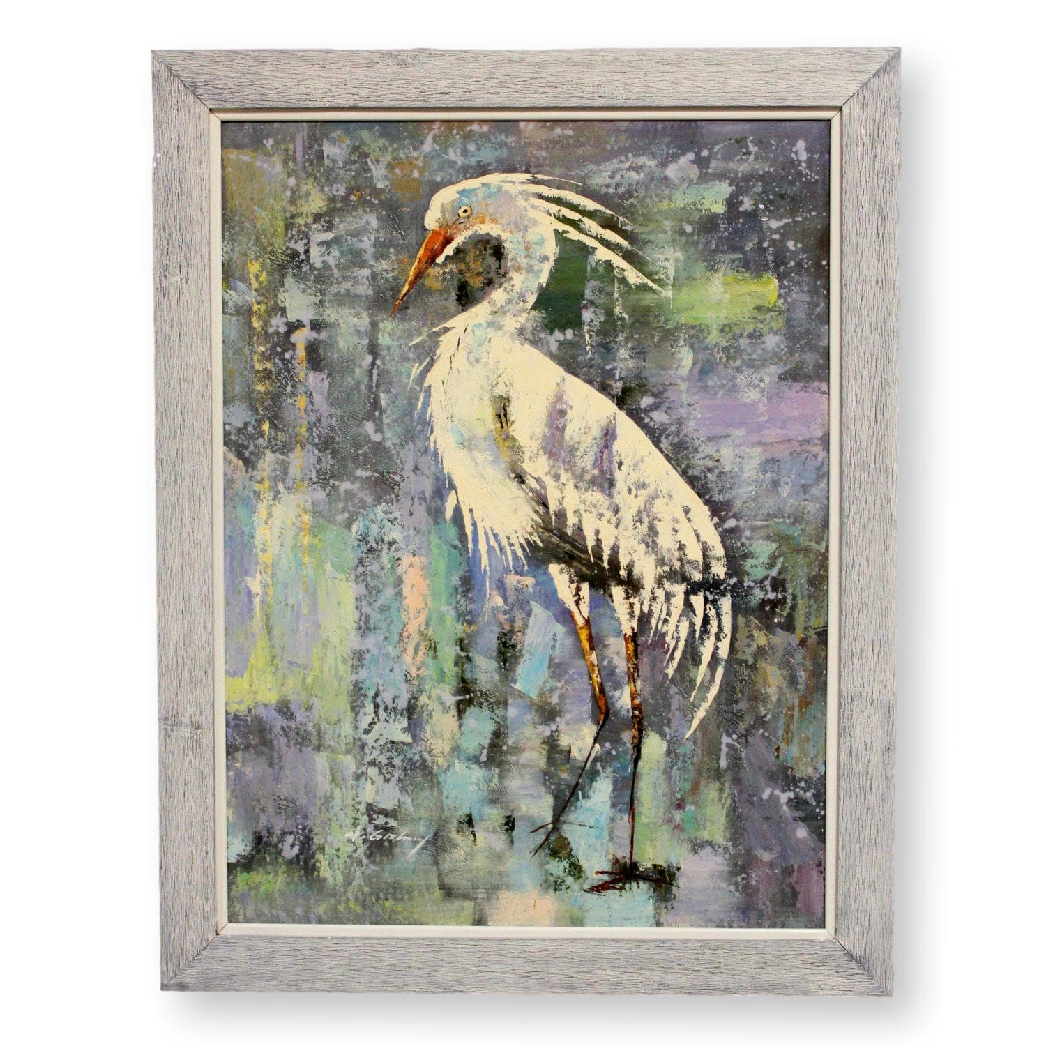 Framed Retouched Print - Blue Background White Egret - Image 1