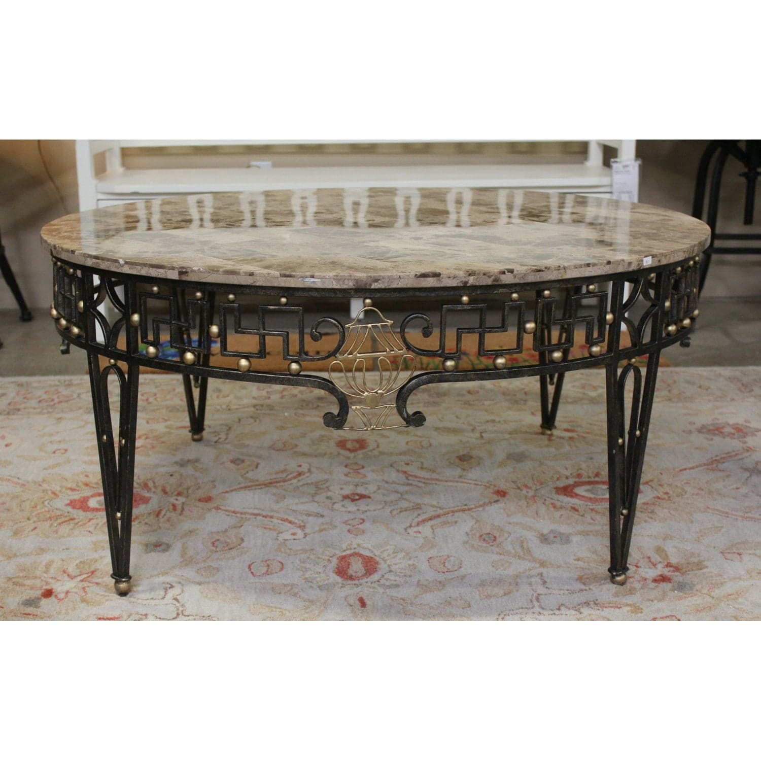 Round Stone Top & Wrought Iron Coffee Table - Brown - Thumbnail 2