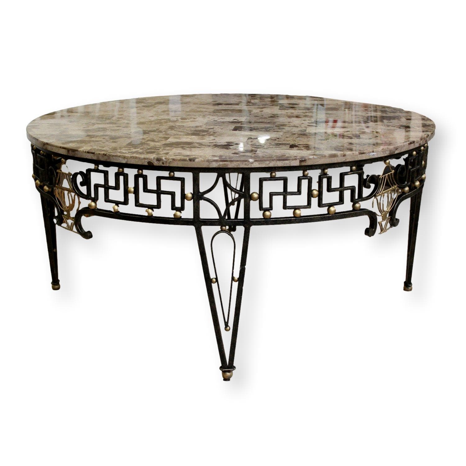 Round Stone Top & Wrought Iron Coffee Table - Brown - Image 1