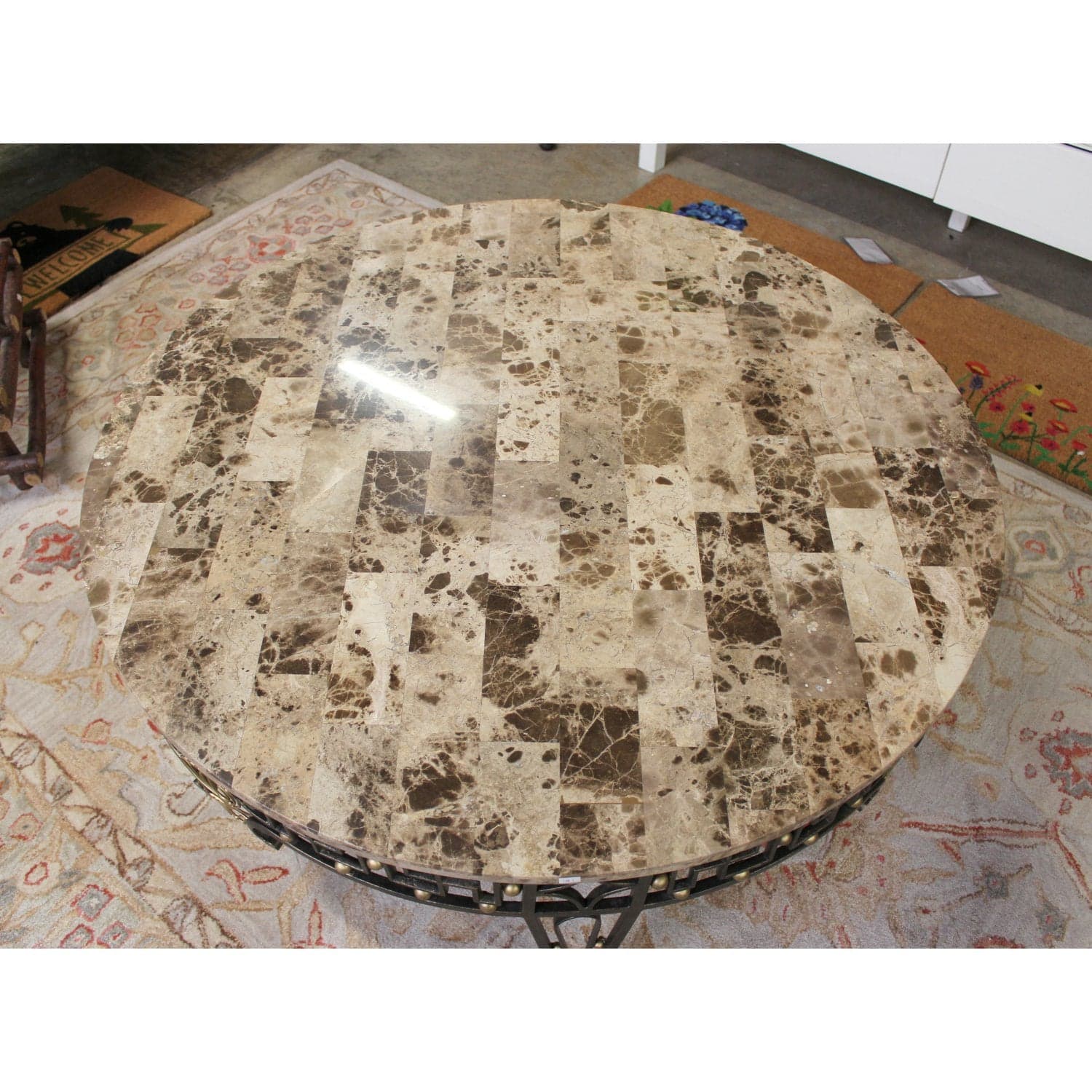 Round Stone Top & Wrought Iron Coffee Table - Brown - Thumbnail 3