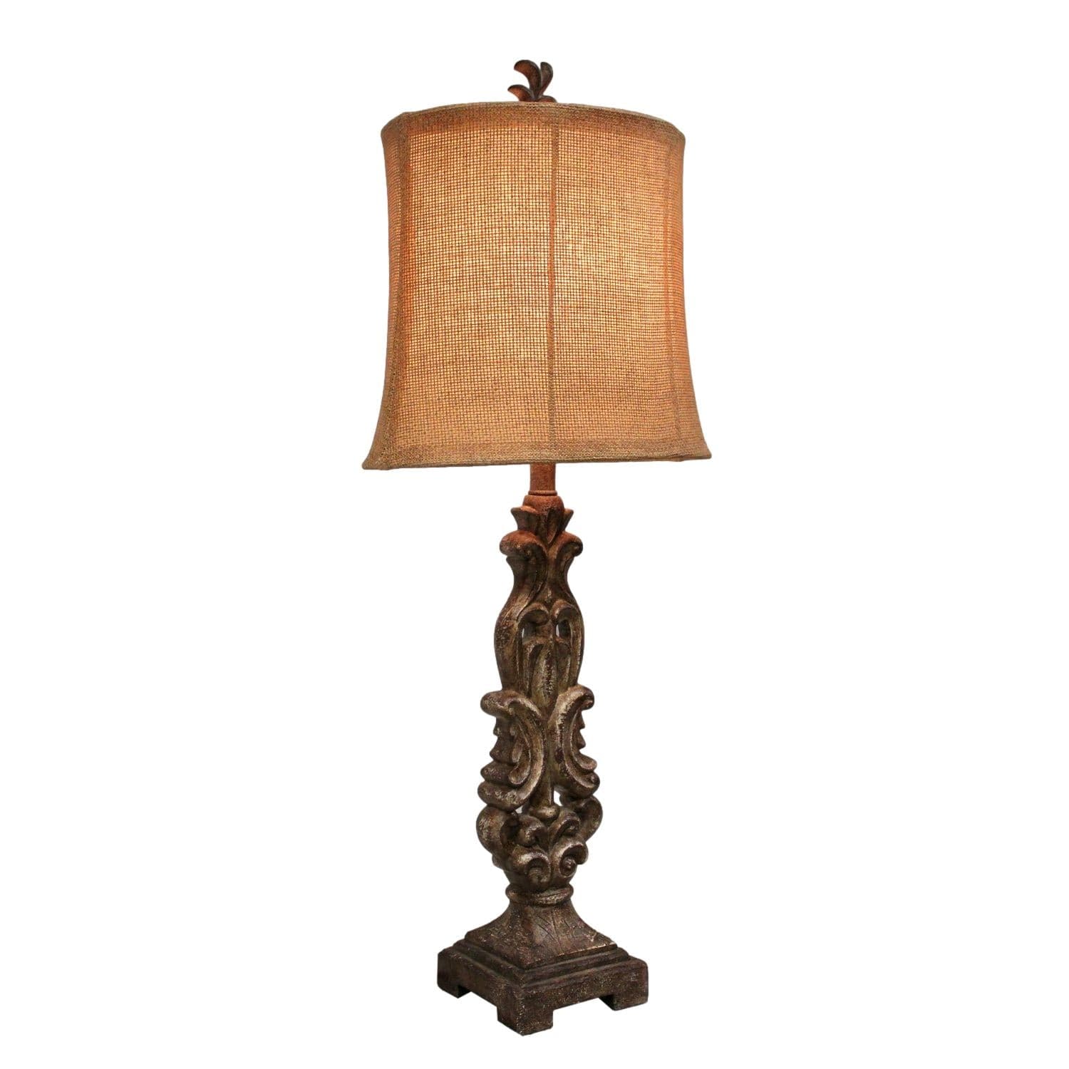 Ornately Carved Table Lamp w/Tan Oval Burlap Shade - Thumbnail 2
