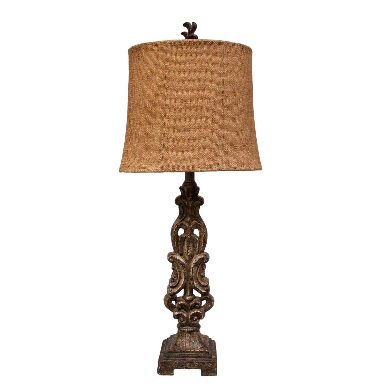 Ornately Carved Table Lamp w/Tan Oval Burlap Shade - Image 1
