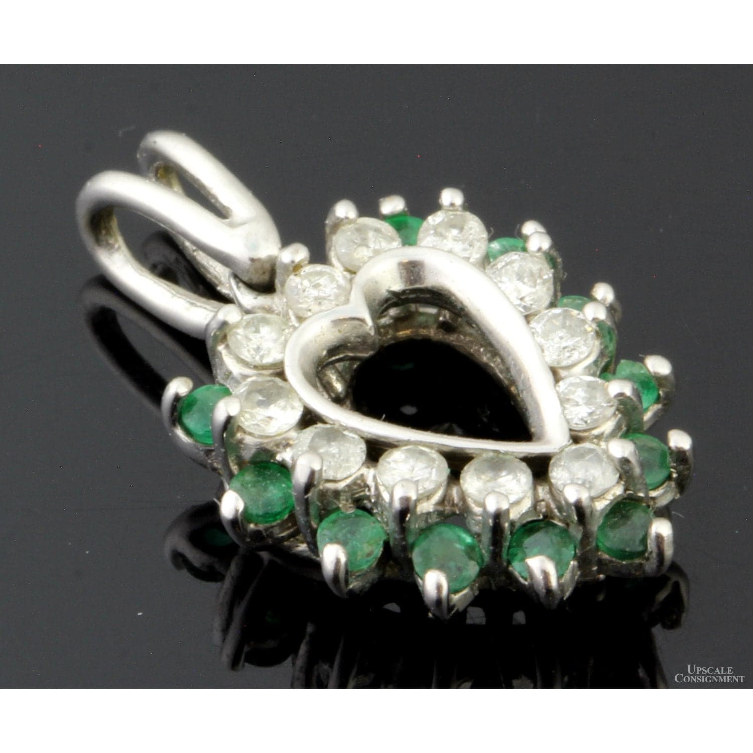 .5ctw Diamond .33ctw Emerald 14K Gold Open Heart Pendant - 1" x .875"(w) - Thumbnail 2