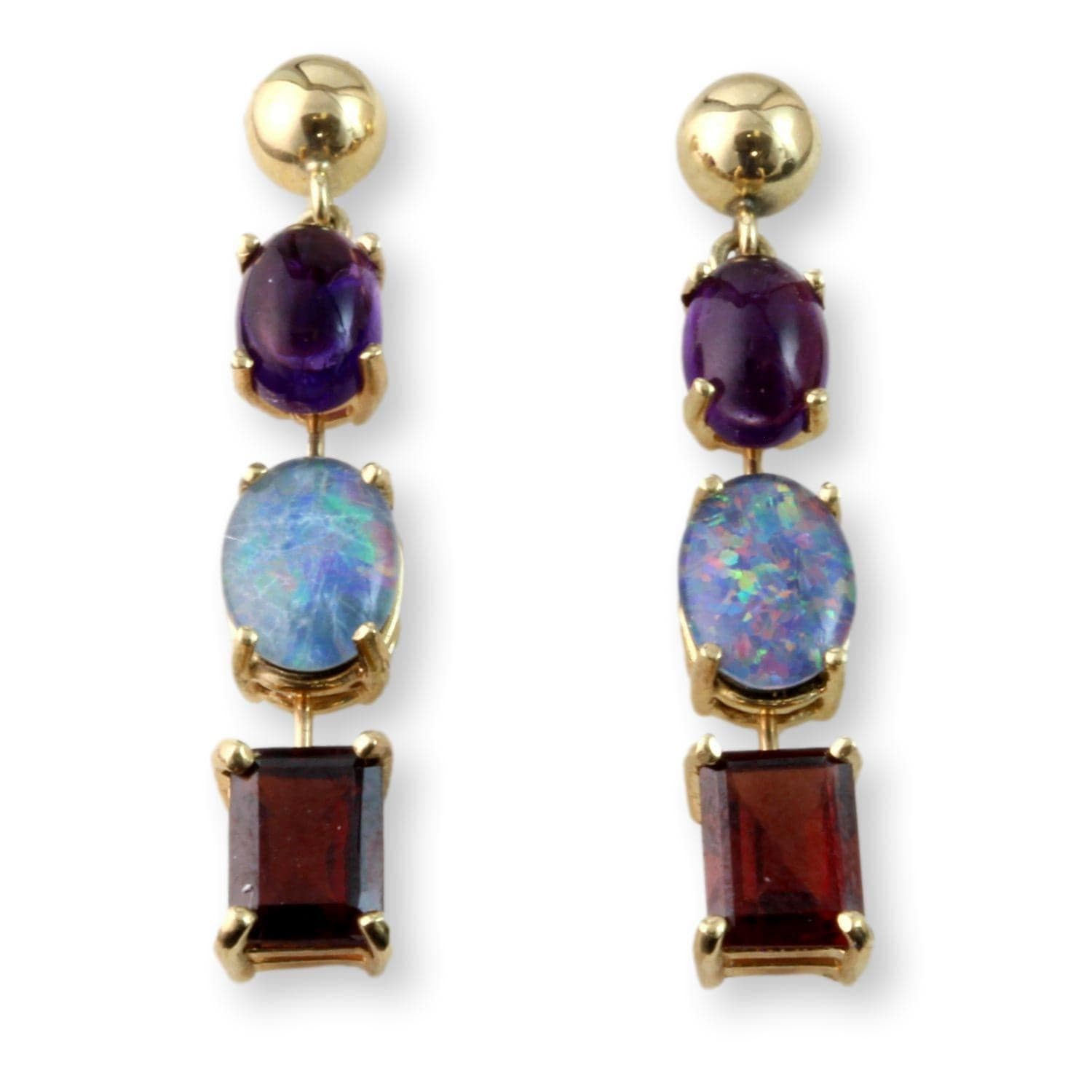 6.02ctw Garnet, Opal Triplet & Amethyst 14K Gold Earrings - 1 3/8" - Image 1