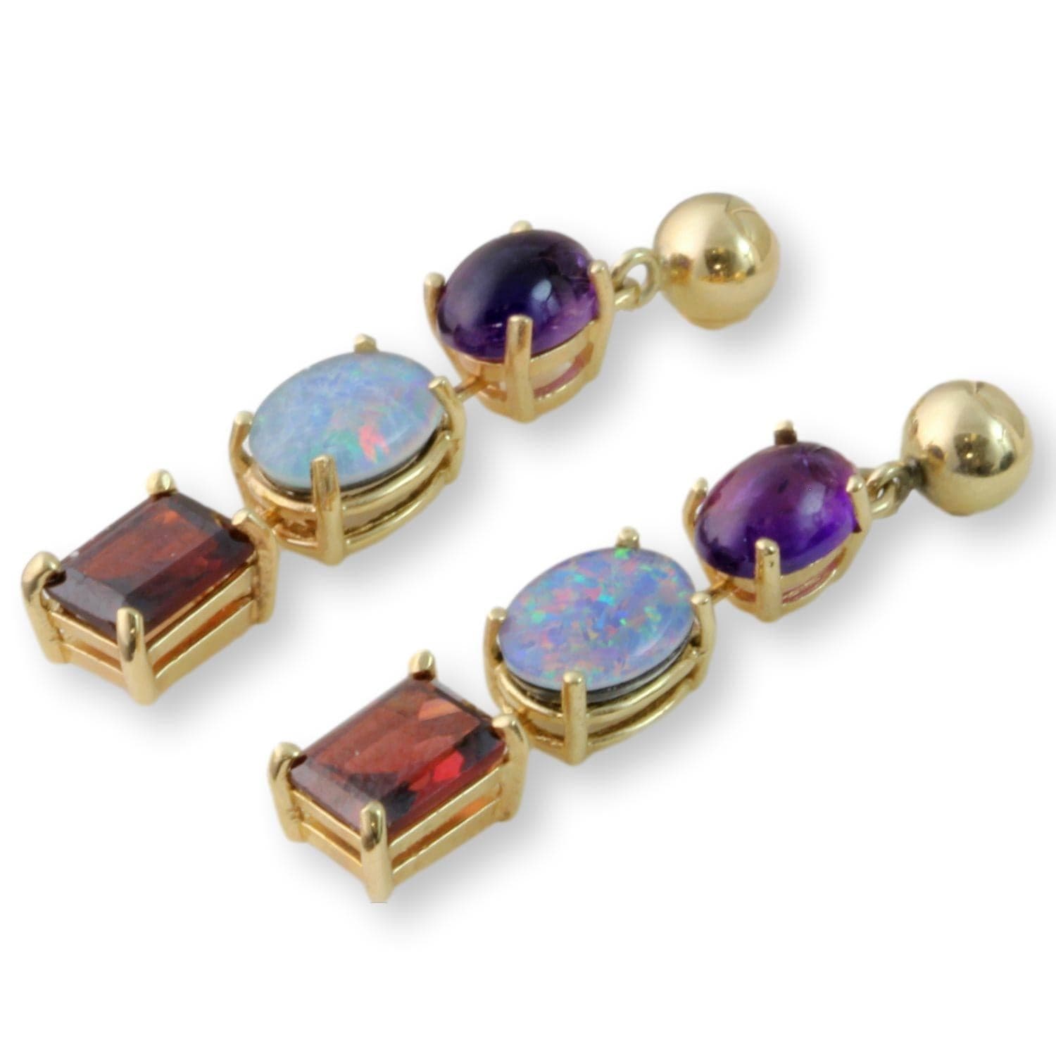 6.02ctw Garnet, Opal Triplet & Amethyst 14K Gold Earrings - 1 3/8" - Thumbnail 3