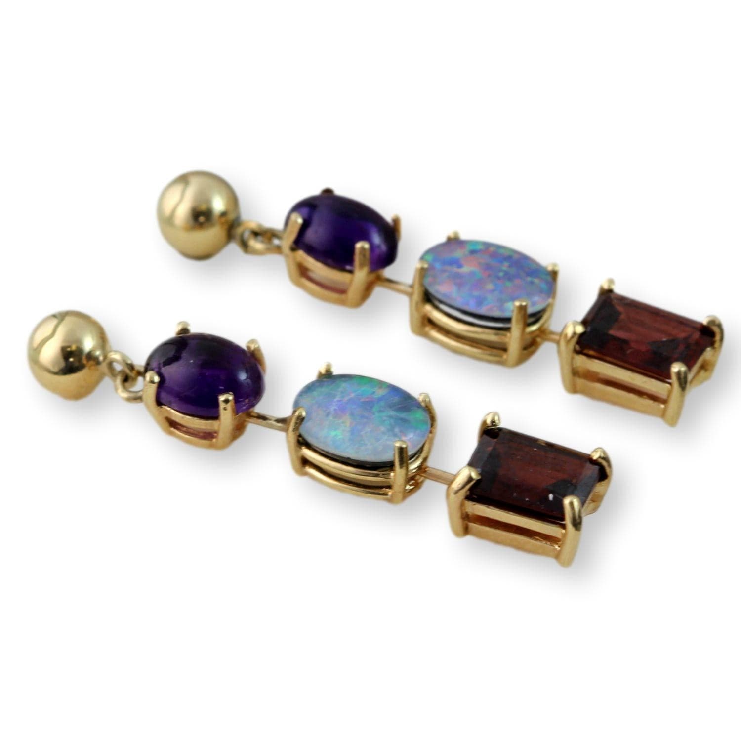 6.02ctw Garnet, Opal Triplet & Amethyst 14K Gold Earrings - 1 3/8" - Thumbnail 2