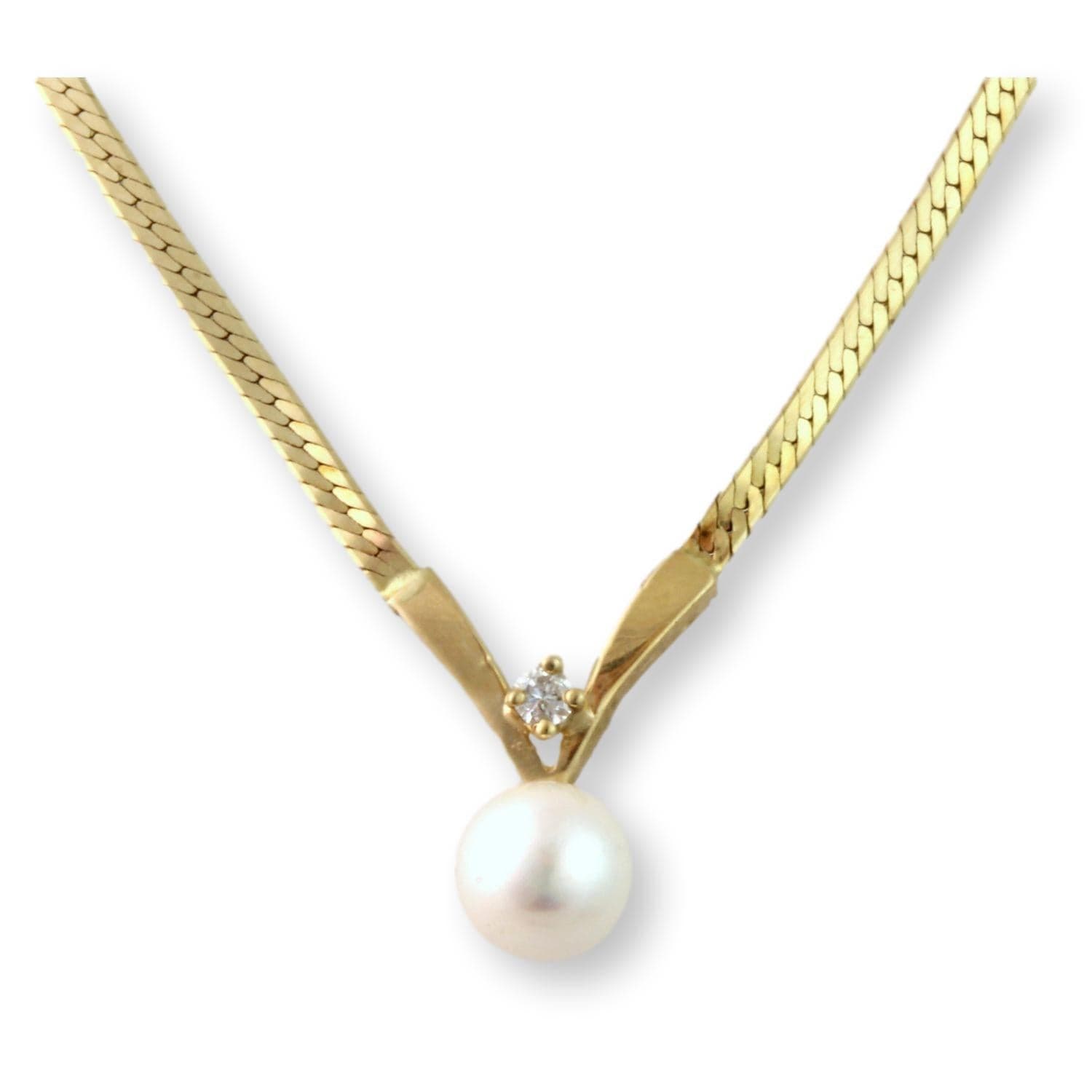 7mm Pearl & Diamond Pendant 14K Gold Herringbone Chain - 16 in - Image 1