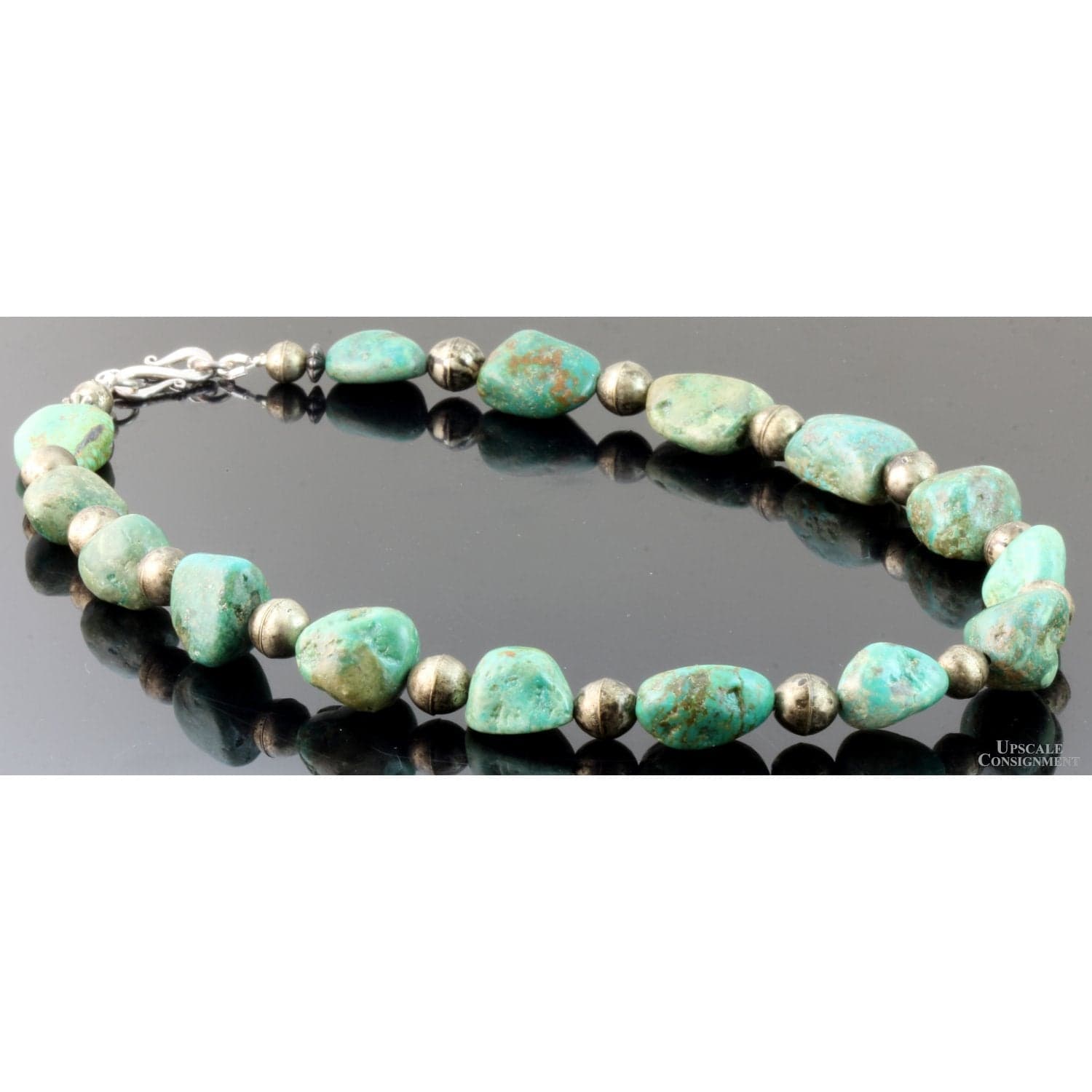Green-Blue Turquoise Nugget & Silver Navajo Pearl Necklace - 18" - 20" - Thumbnail 2
