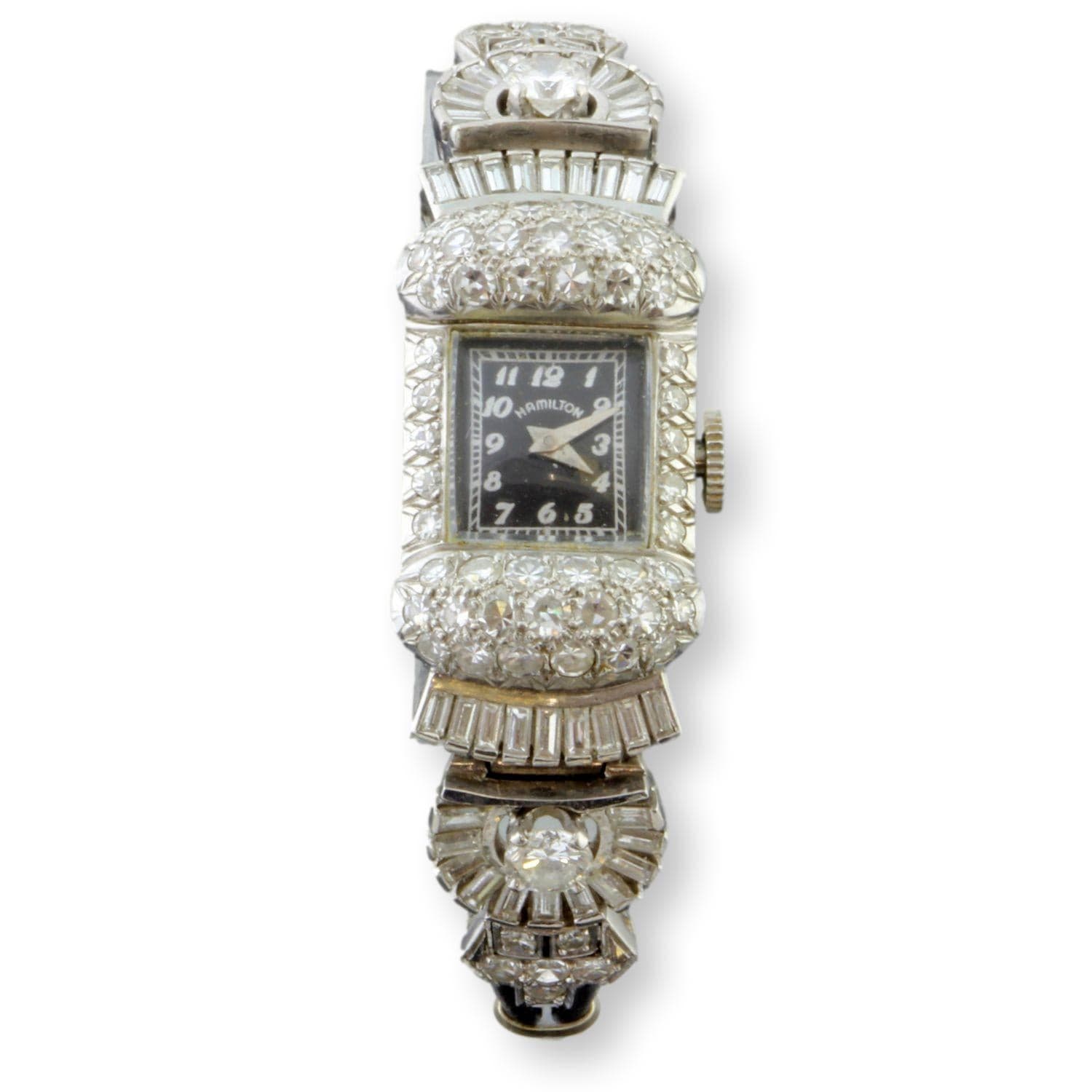 Exquisite 1940s Platinum 3.25ctw Diamond Hamilton Art Deco Watch - Size 5.75 - Image 1