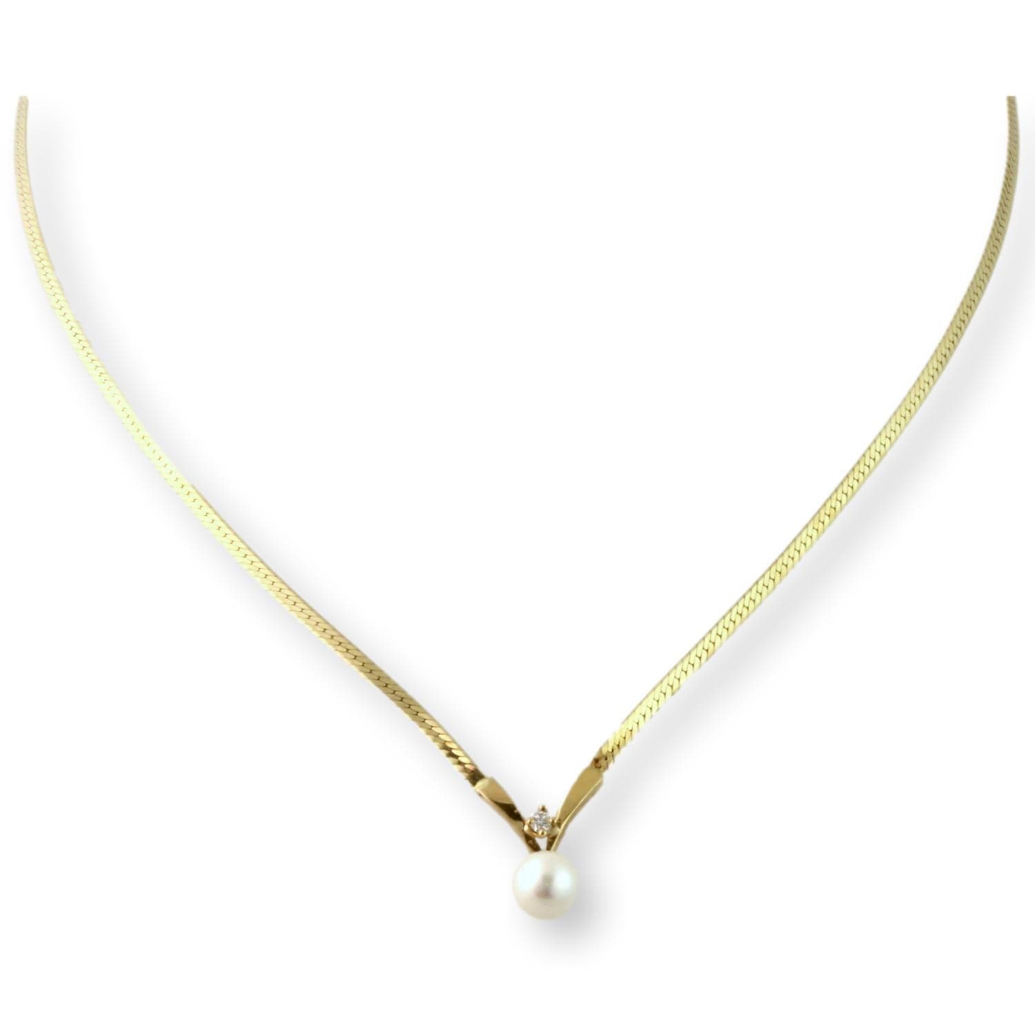7mm Pearl & Diamond Pendant 14K Gold Herringbone Chain - 16 in - Thumbnail 2