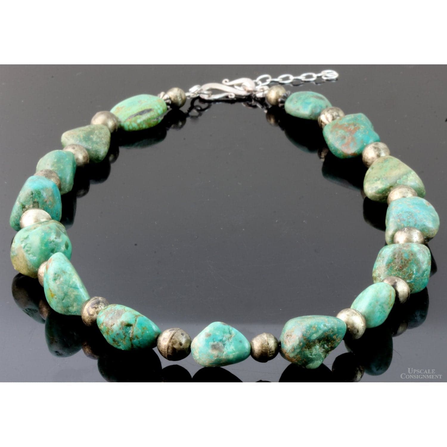 Green-Blue Turquoise Nugget & Silver Navajo Pearl Necklace - 18" - 20" - Image 1