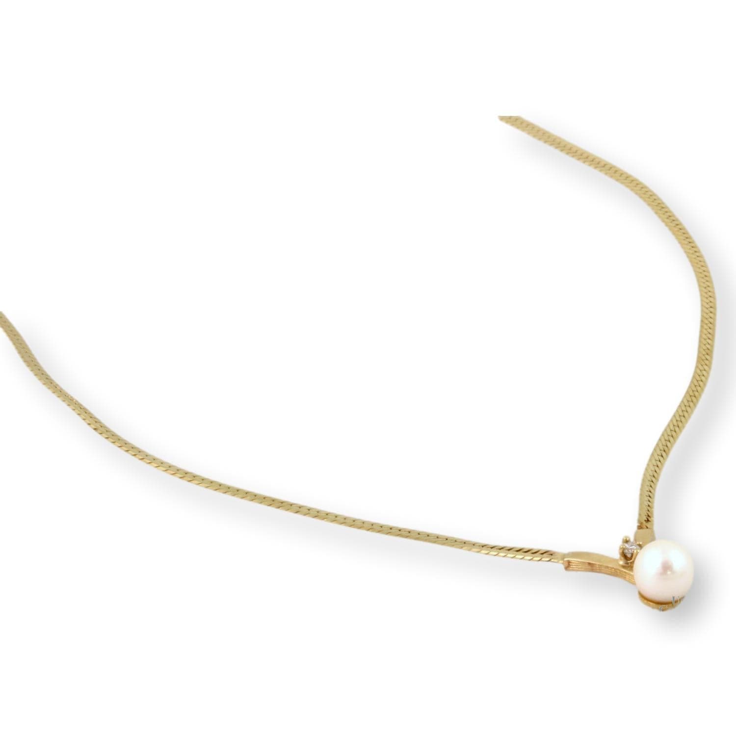 7mm Pearl & Diamond Pendant 14K Gold Herringbone Chain - 16 in - Thumbnail 4