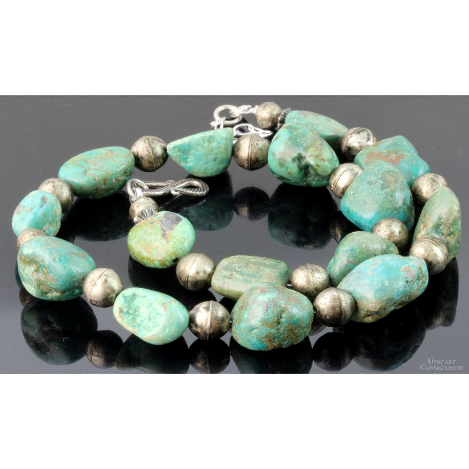 Green-Blue Turquoise Nugget & Silver Navajo Pearl Necklace - 18" - 20" - Thumbnail 3