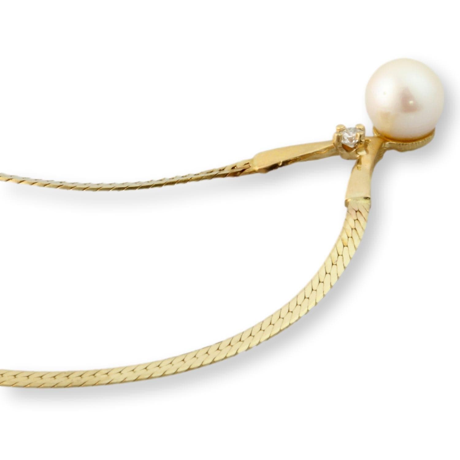 7mm Pearl & Diamond Pendant 14K Gold Herringbone Chain - 16 in - Thumbnail 3