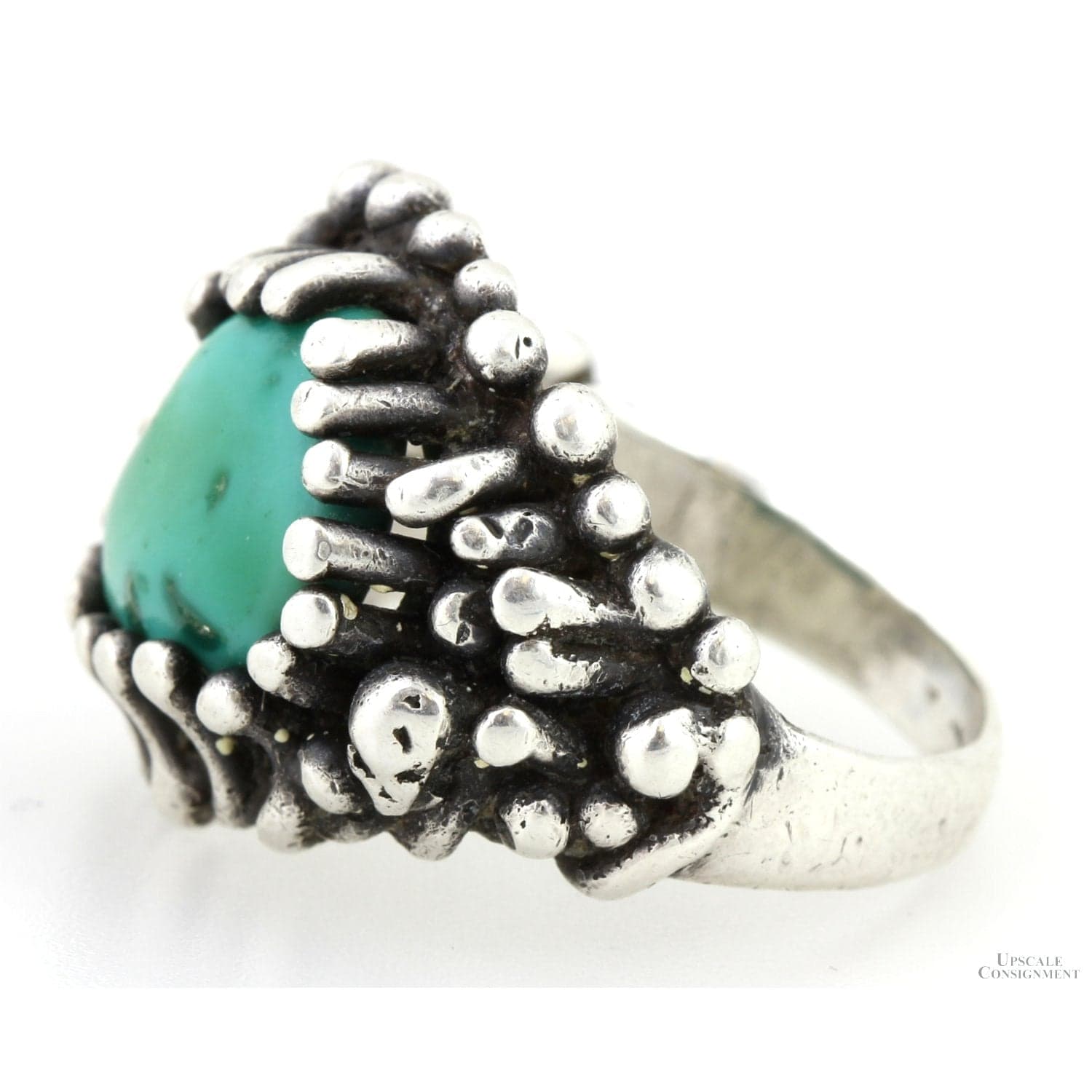 Handcrafted Green Turquoise Brutalist Sterling Silver Ring - Size 10 - Thumbnail 2