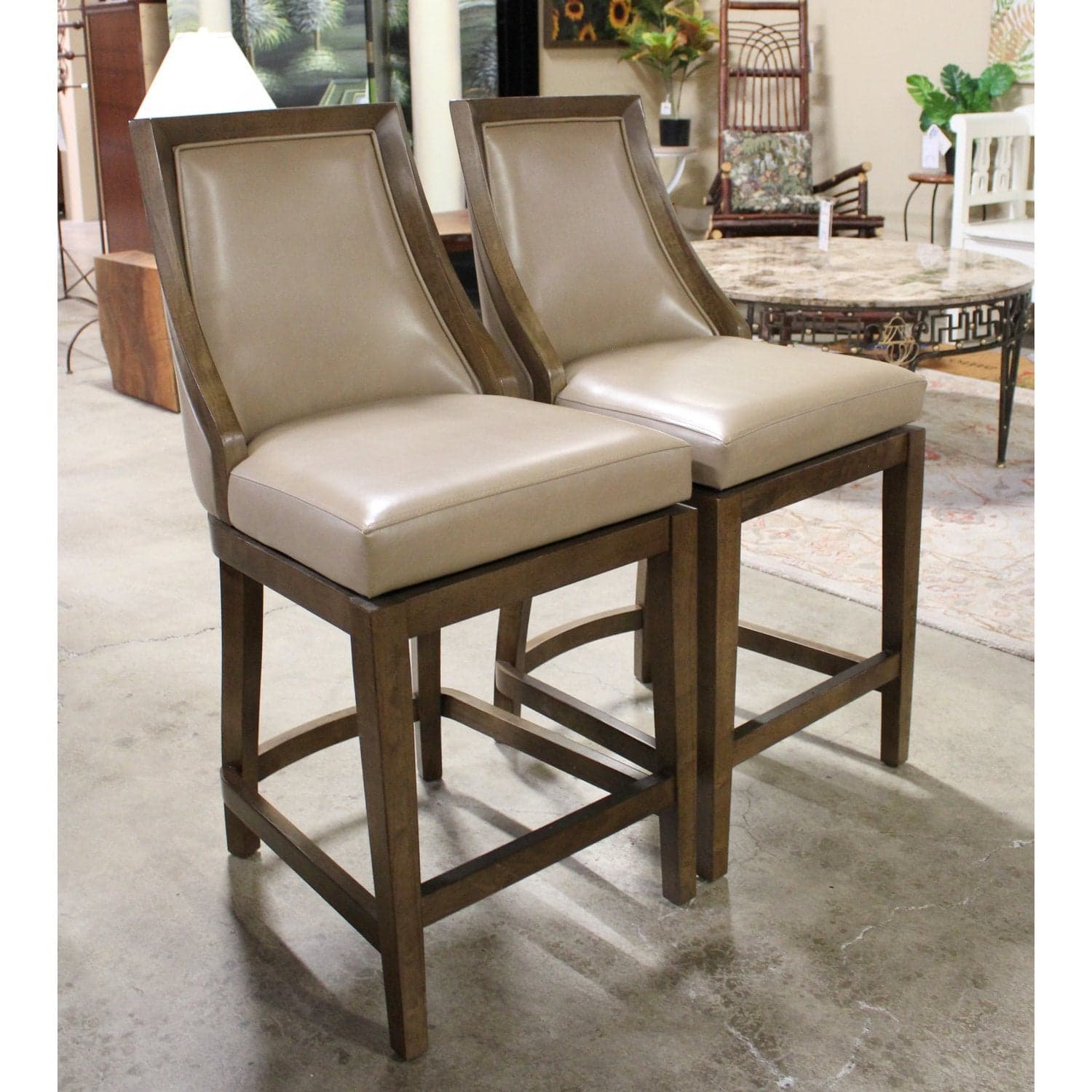 Pair of Tan Leather Counter Stools - Tan - Thumbnail 2