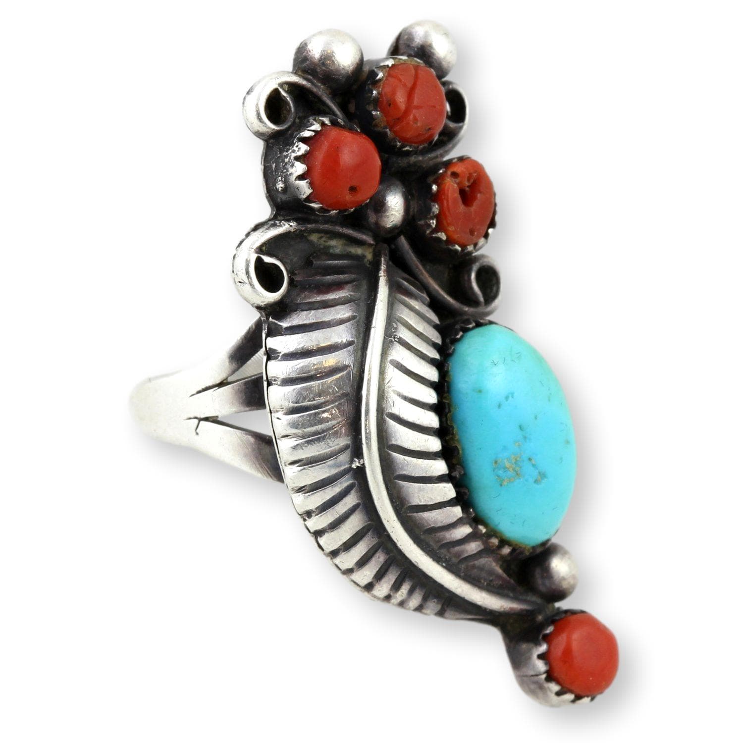 Handcrafted Navajo Turquoise & Coral Sterling Silver Ring - Size 6.25 - Thumbnail 2