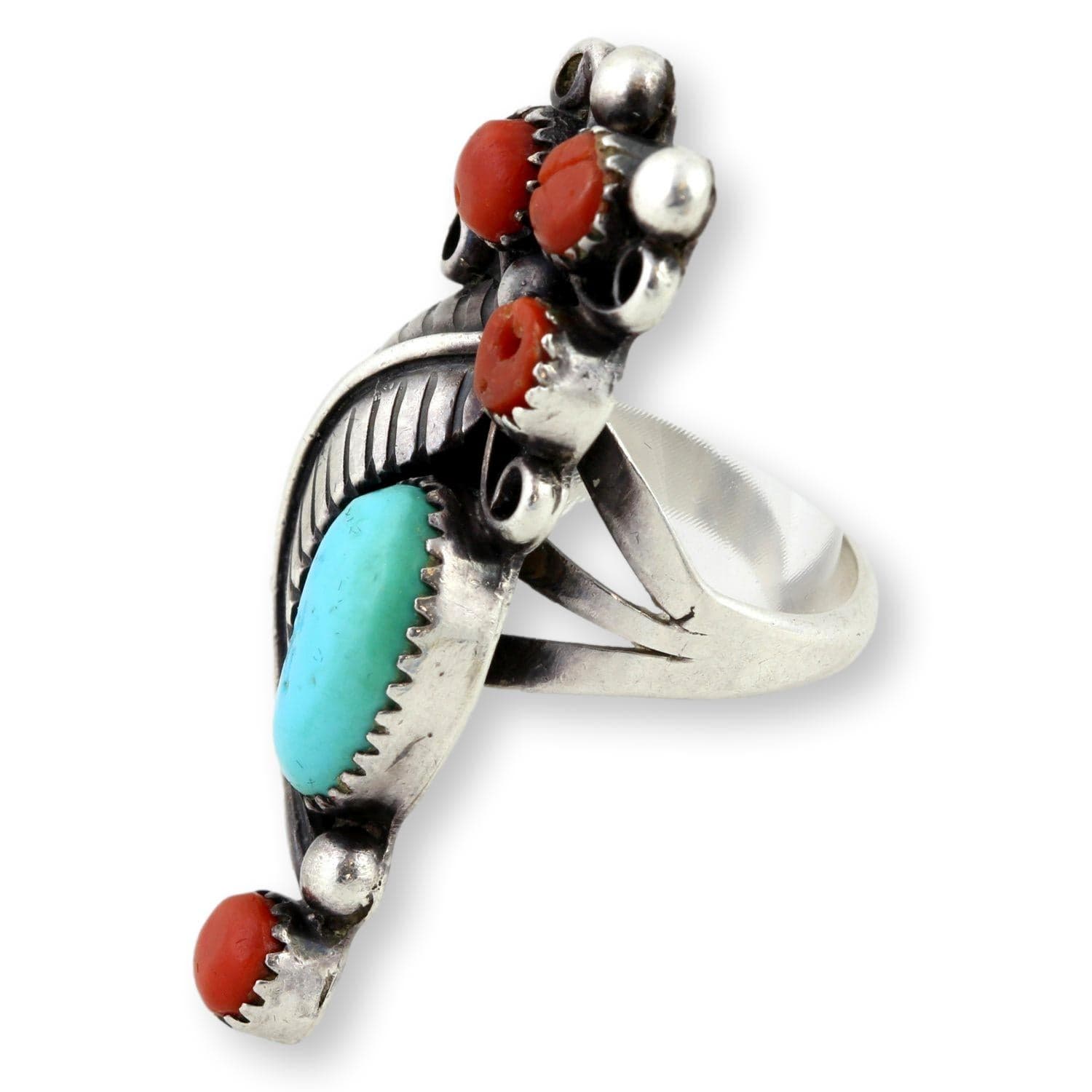Handcrafted Navajo Turquoise & Coral Sterling Silver Ring - Size 6.25 - Thumbnail 3