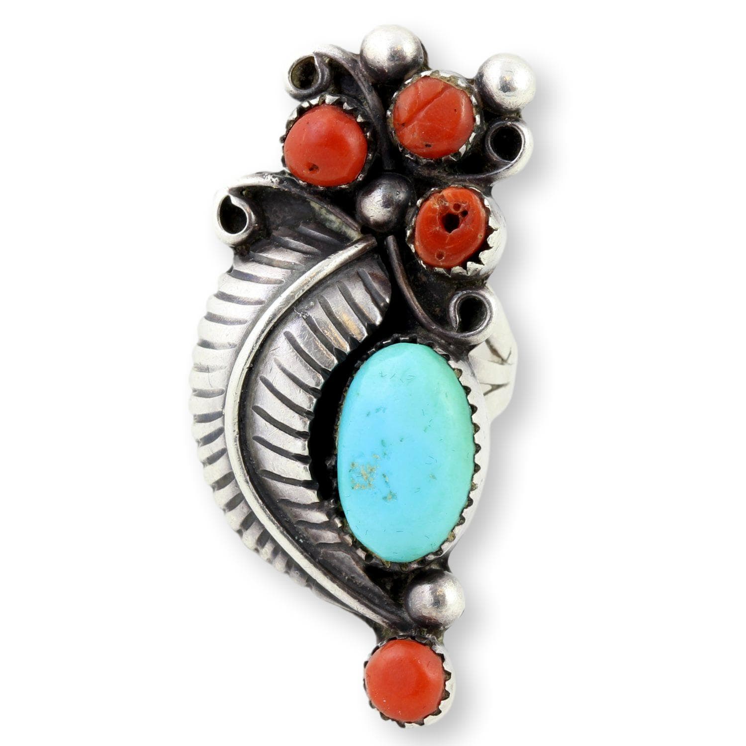 Handcrafted Navajo Turquoise & Coral Sterling Silver Ring - Size 6.25 - Image 1