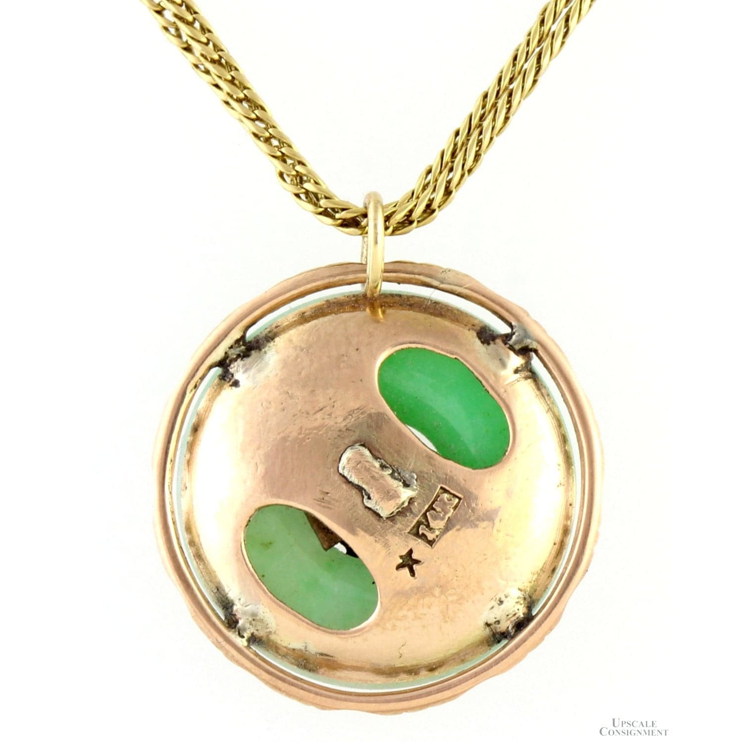 14K Gold Framed Round Pi Jadeite Jade Pendant & Double Chain - 16 in - Thumbnail 4