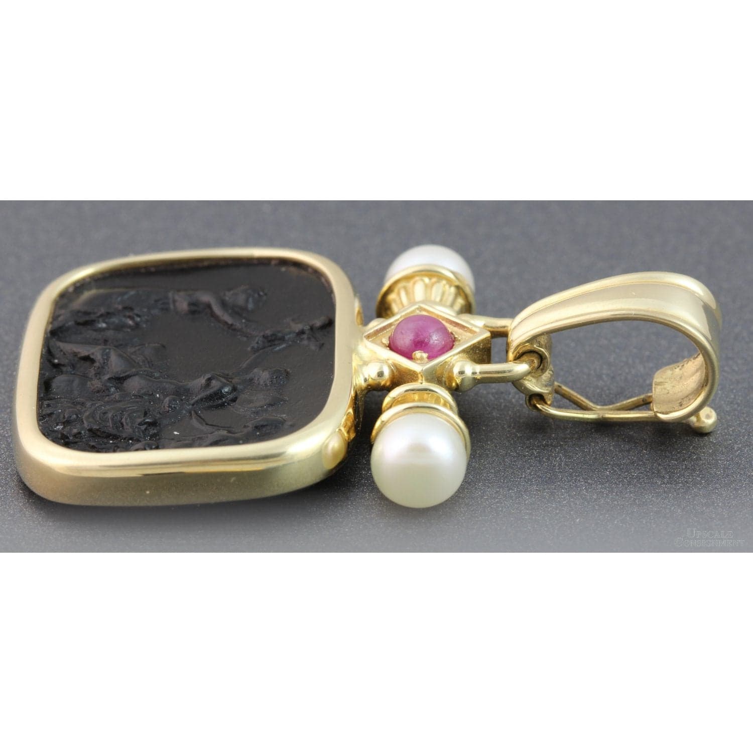 14K Gold Tagliamonte Venetian Glass & Onyx Cameo Enhancer Pendant - 1.75" - Thumbnail 3