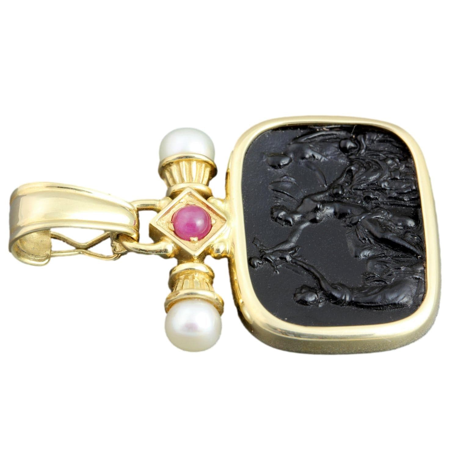 14K Gold Tagliamonte Venetian Glass & Onyx Cameo Enhancer Pendant - 1.75" - Thumbnail 2