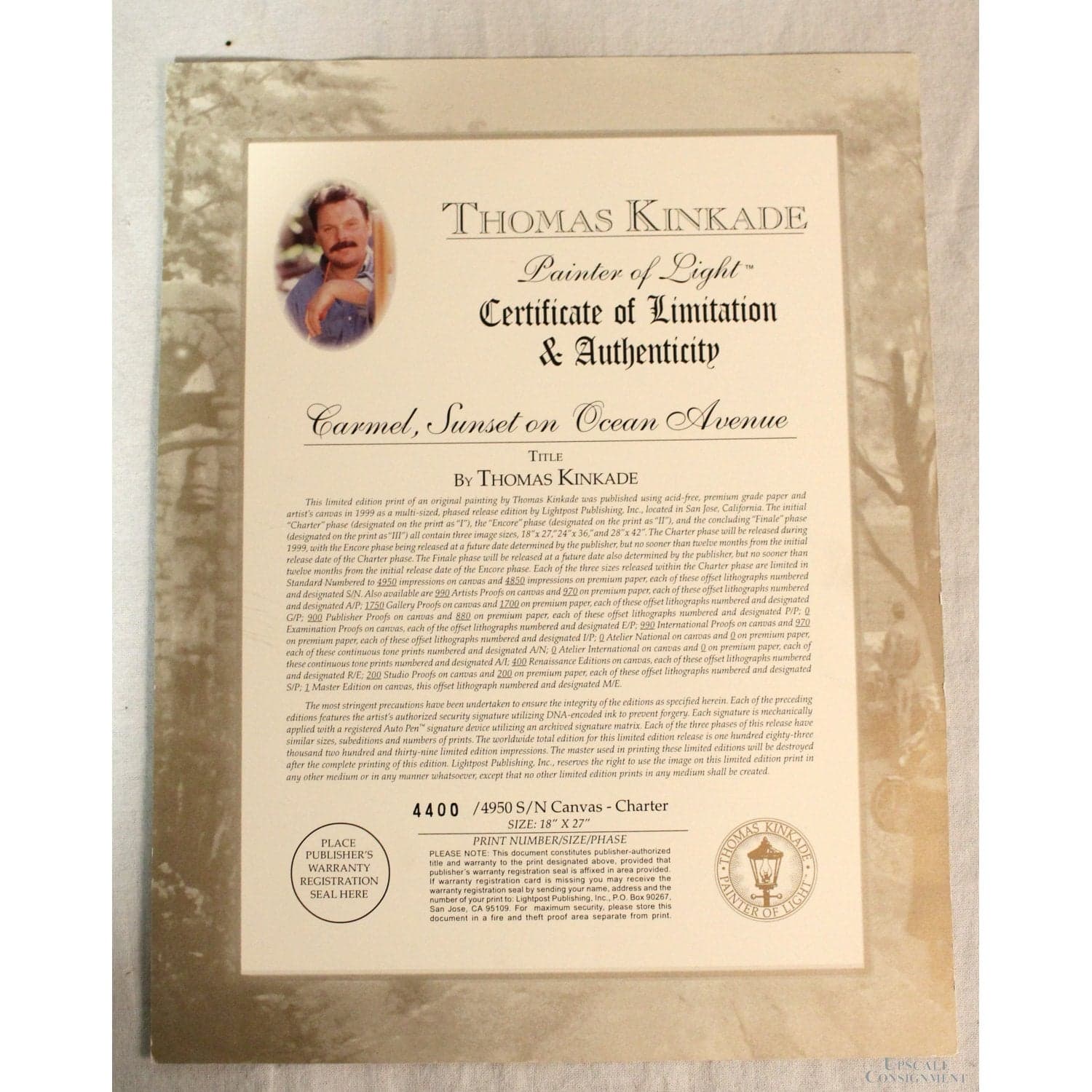 Framed Limited Edition Print "Carmel, Sunset on Ocean Avenue" by Thomas Kinkade - Thumbnail 5