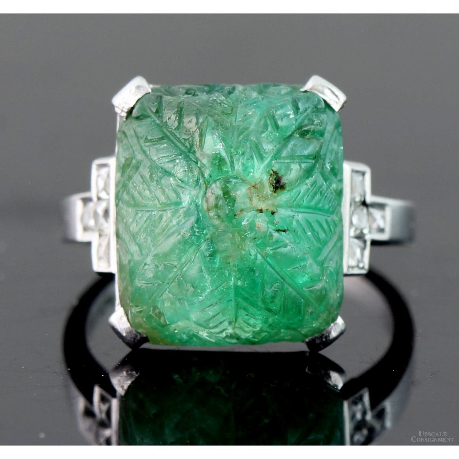 8.69ct Carved Natural Emerald & .26ctw Diamond Platinum Ring - Size 5 - Thumbnail 2
