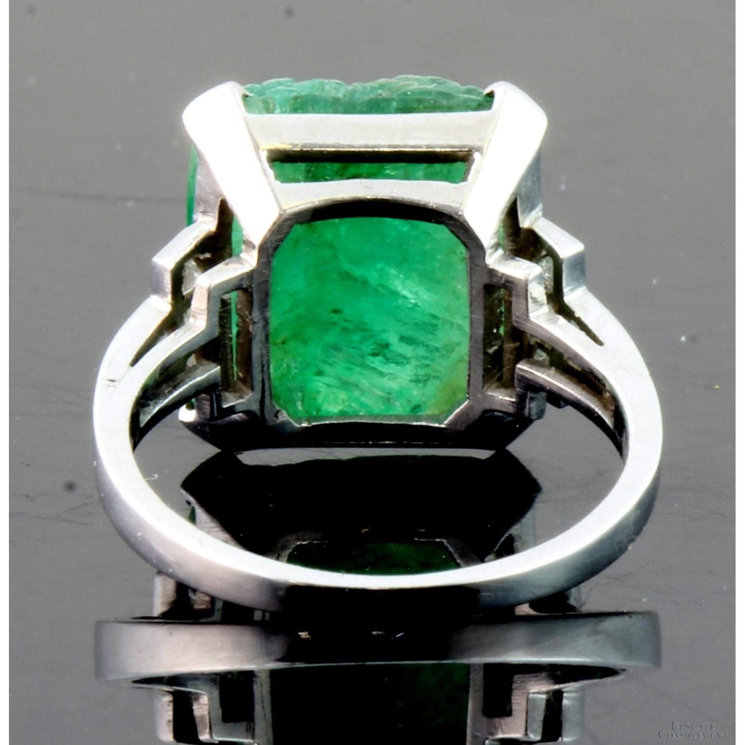 8.69ct Carved Natural Emerald & .26ctw Diamond Platinum Ring - Size 5 - Thumbnail 5