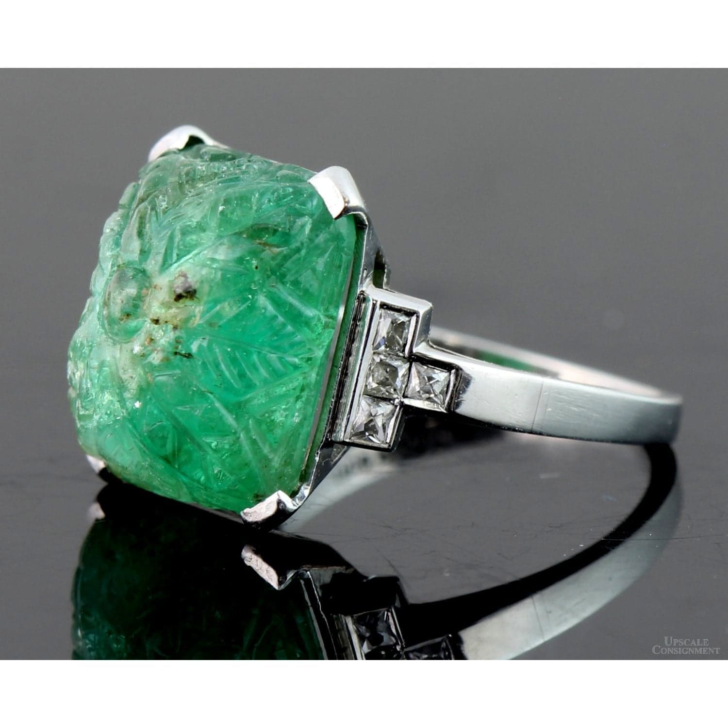 8.69ct Carved Natural Emerald & .26ctw Diamond Platinum Ring - Size 5 - Thumbnail 3
