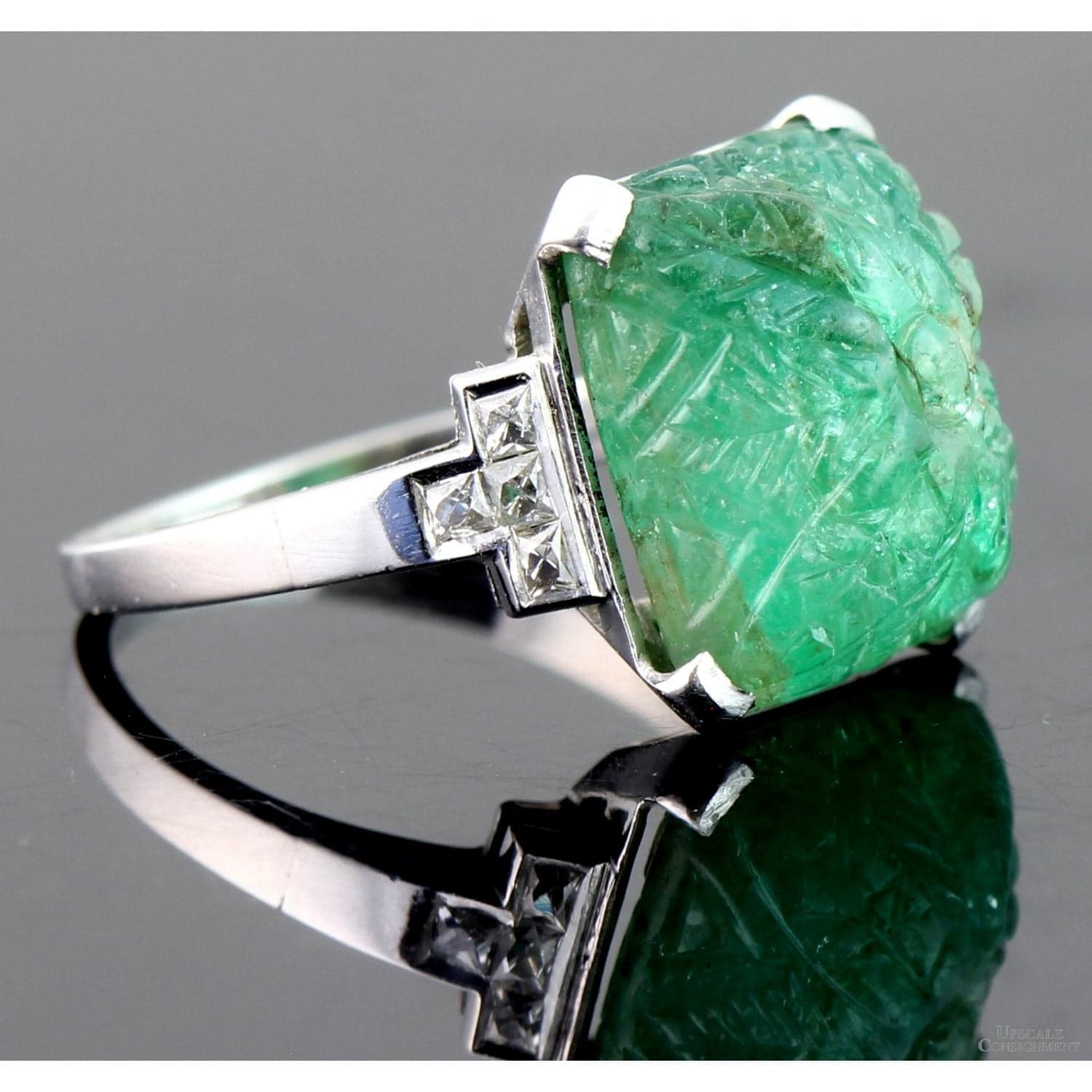 8.69ct Carved Natural Emerald & .26ctw Diamond Platinum Ring - Size 5 - Image 1