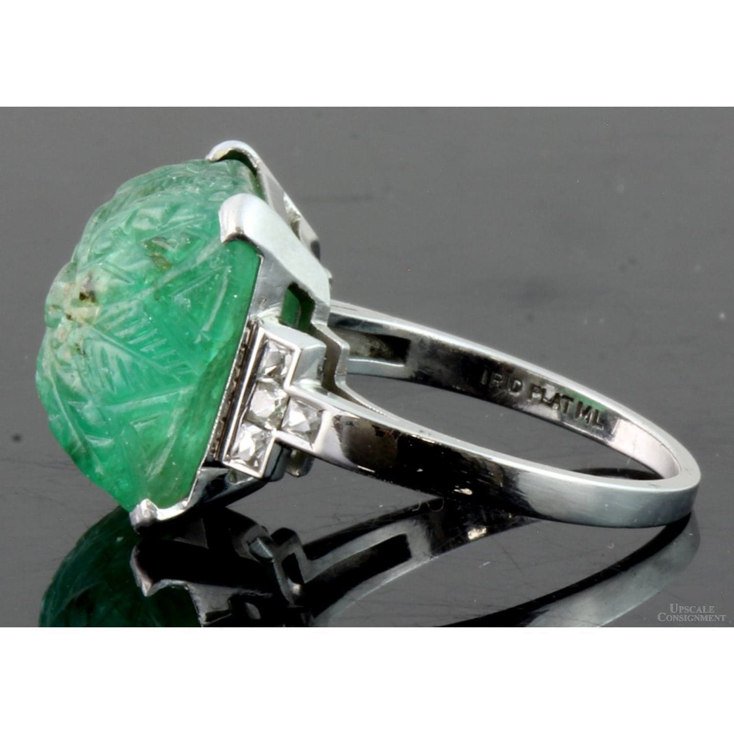 8.69ct Carved Natural Emerald & .26ctw Diamond Platinum Ring - Size 5 - Thumbnail 4
