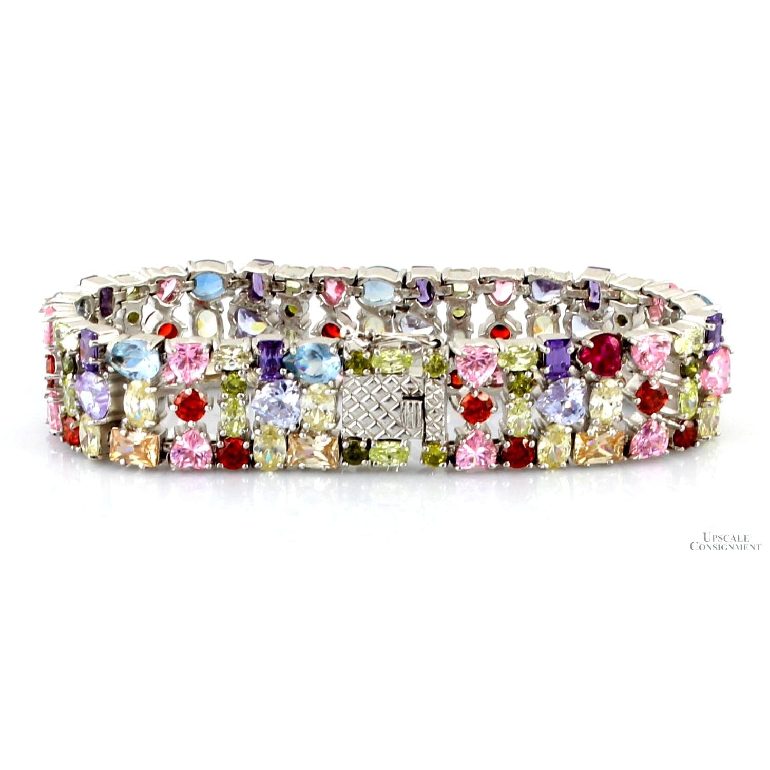 Multicolor Round Oval Heart Pear CZ Sterling Silver Bracelet - 7.25" - Thumbnail 2