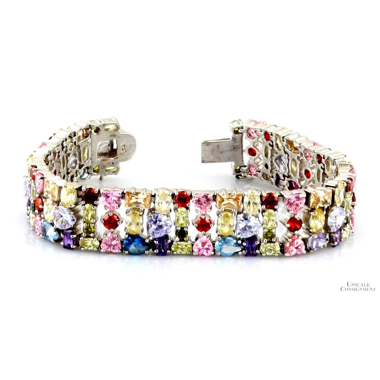 Multicolor Round Oval Heart Pear CZ Sterling Silver Bracelet - 7.25" - Thumbnail 3