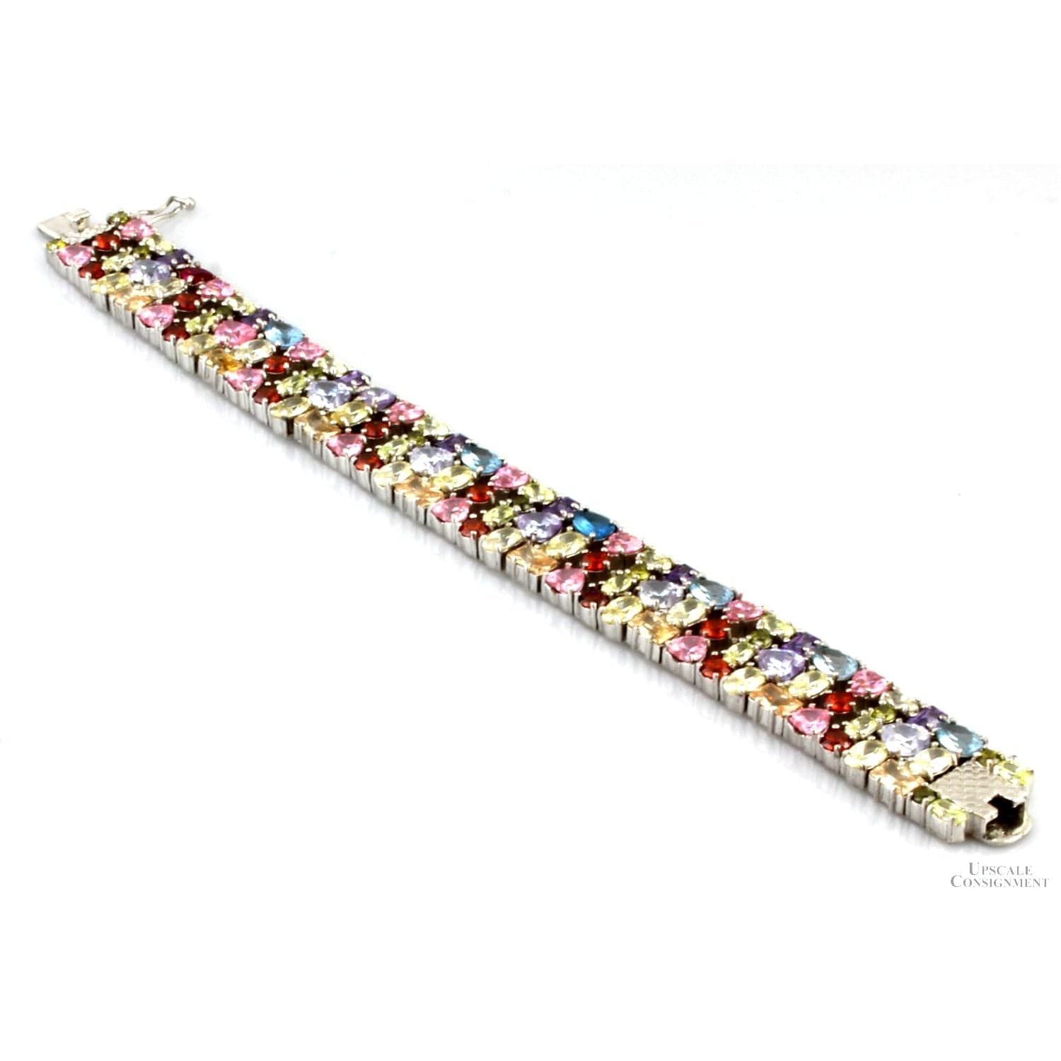 Multicolor Round Oval Heart Pear CZ Sterling Silver Bracelet - 7.25" - Thumbnail 4