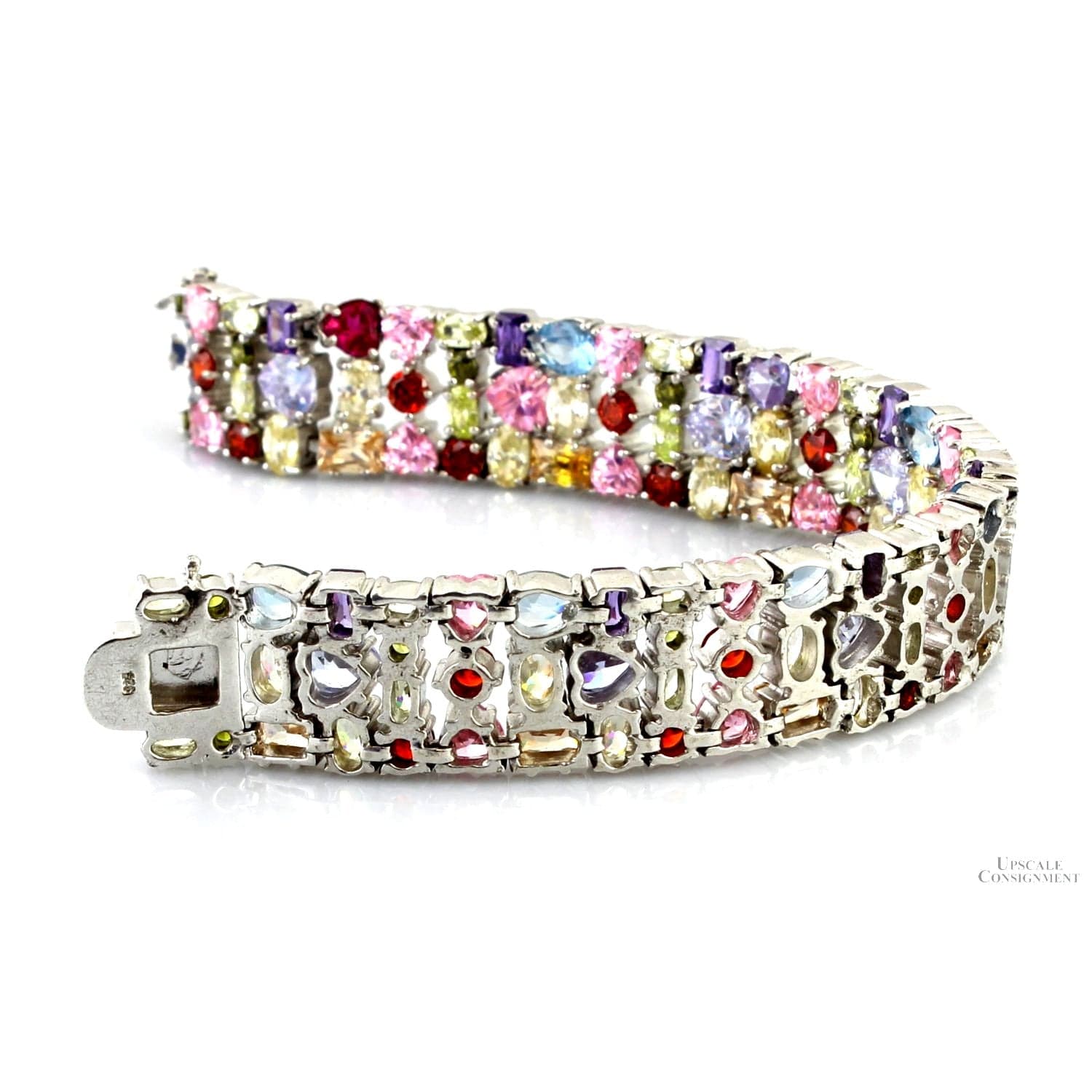 Multicolor Round Oval Heart Pear CZ Sterling Silver Bracelet - 7.25" - Thumbnail 5