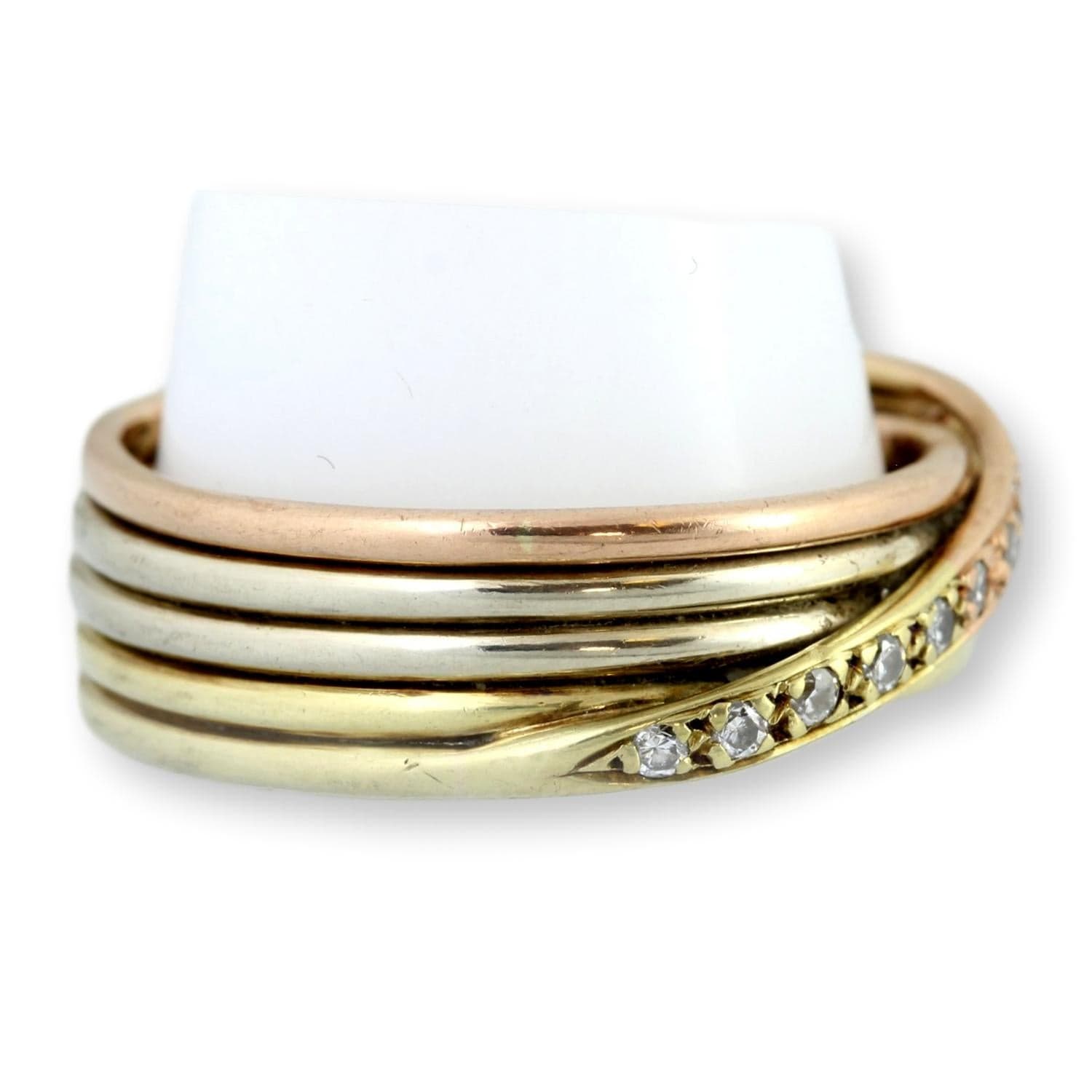14K Tri-Color Gold Stack Bands .10ctw Diamond Crossover Ring - Size 8 - Thumbnail 2