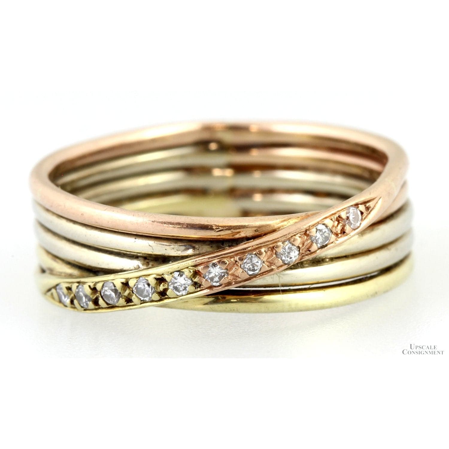 14K Tri-Color Gold Stack Bands .10ctw Diamond Crossover Ring - Size 8 - Image 1