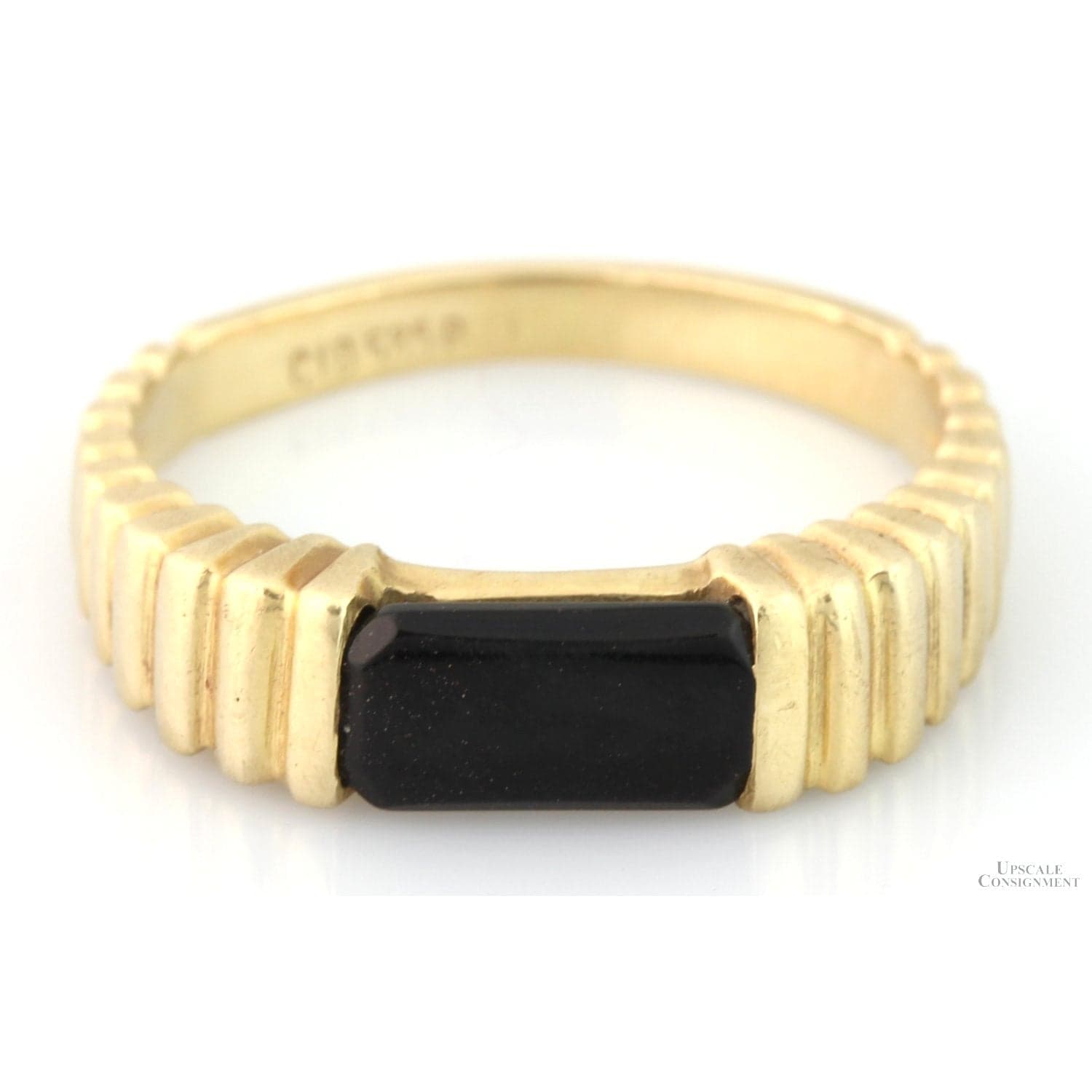 14K Yellow Gold Black Onyx Chalcedony Ribbed Band - Size 7.5 - Image 1