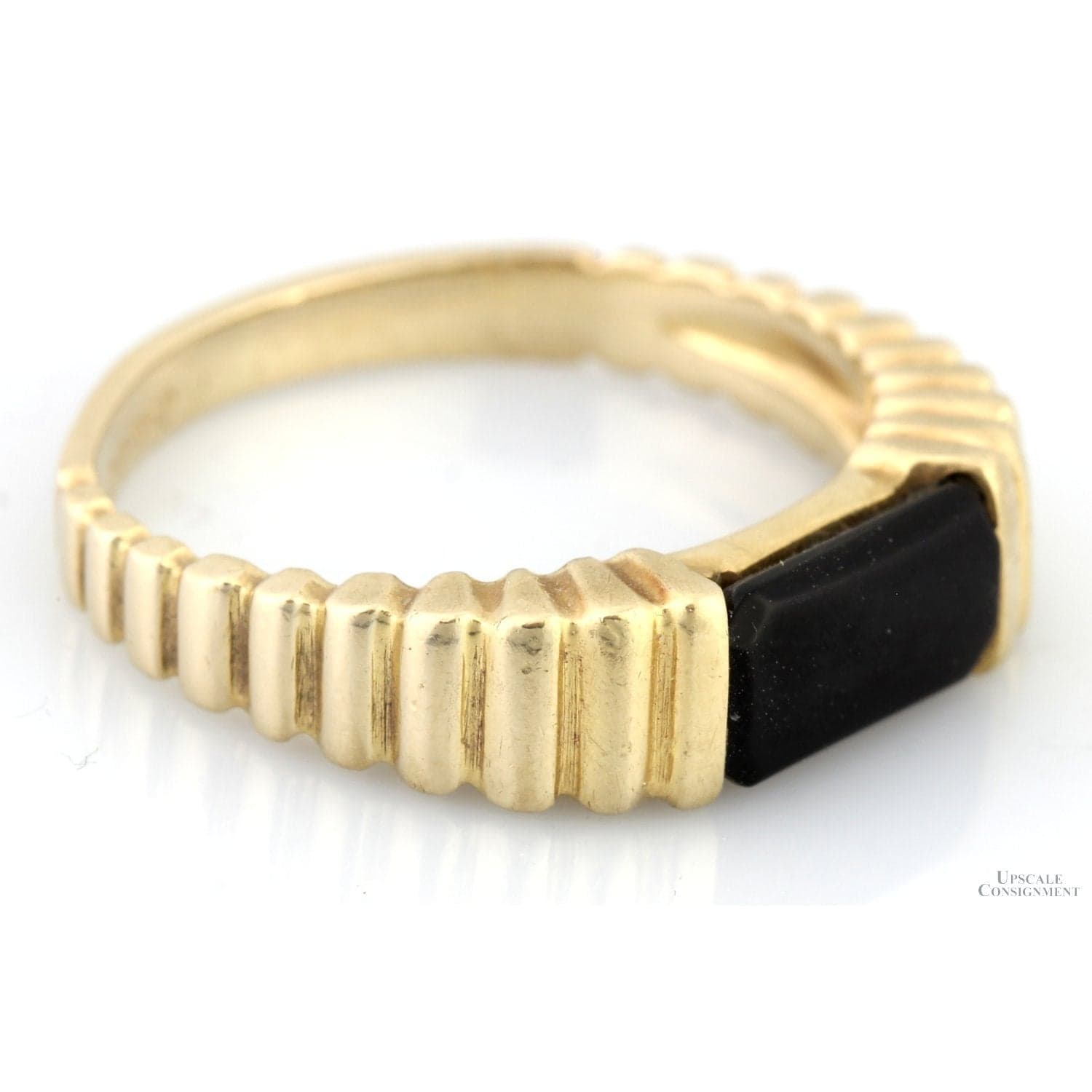 14K Yellow Gold Black Onyx Chalcedony Ribbed Band - Size 7.5 - Thumbnail 2