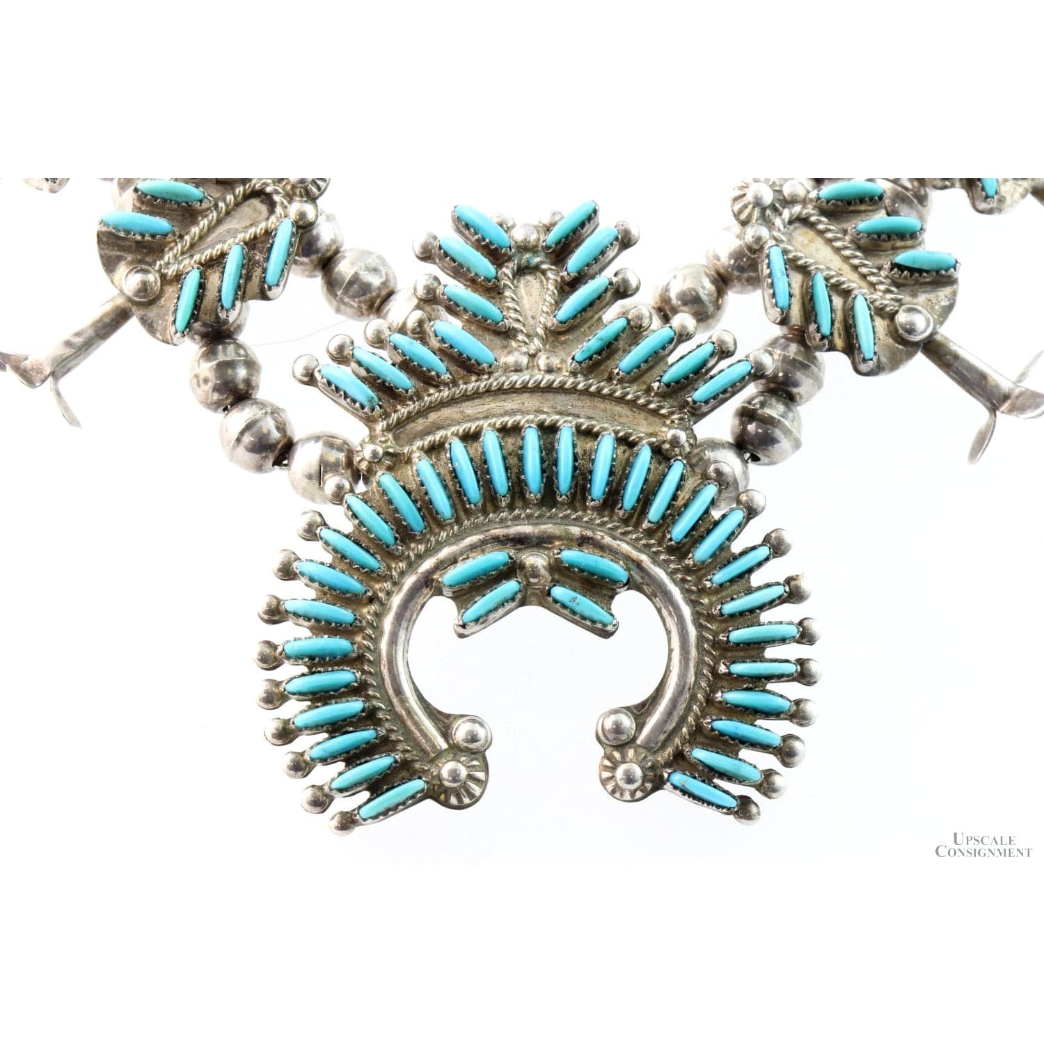 Zuni Needlepoint Turquoise & Sterling Silver Squash Blossom Necklace - 24" + 2" - Thumbnail 2