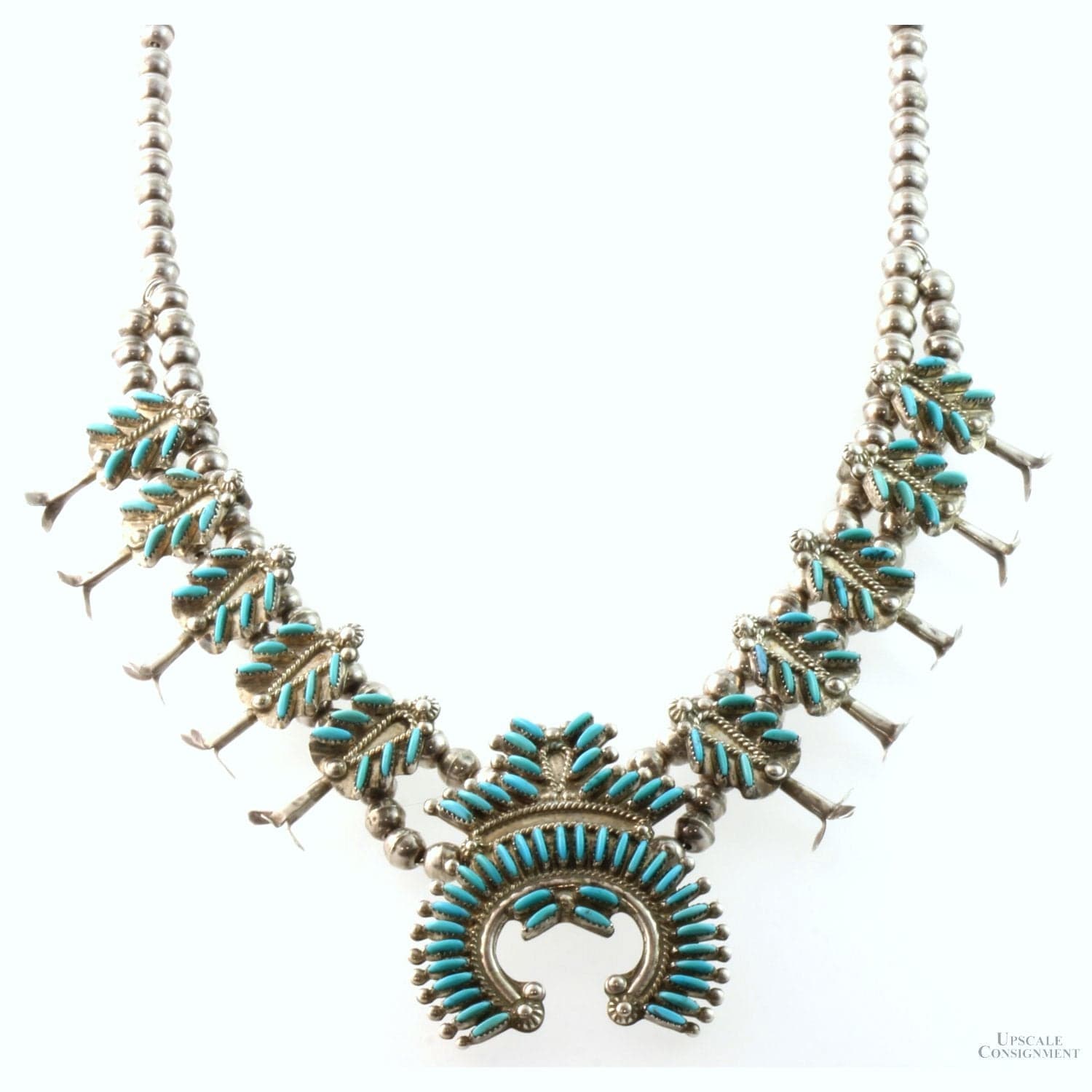 Zuni Needlepoint Turquoise & Sterling Silver Squash Blossom Necklace - 24" + 2" - Image 1