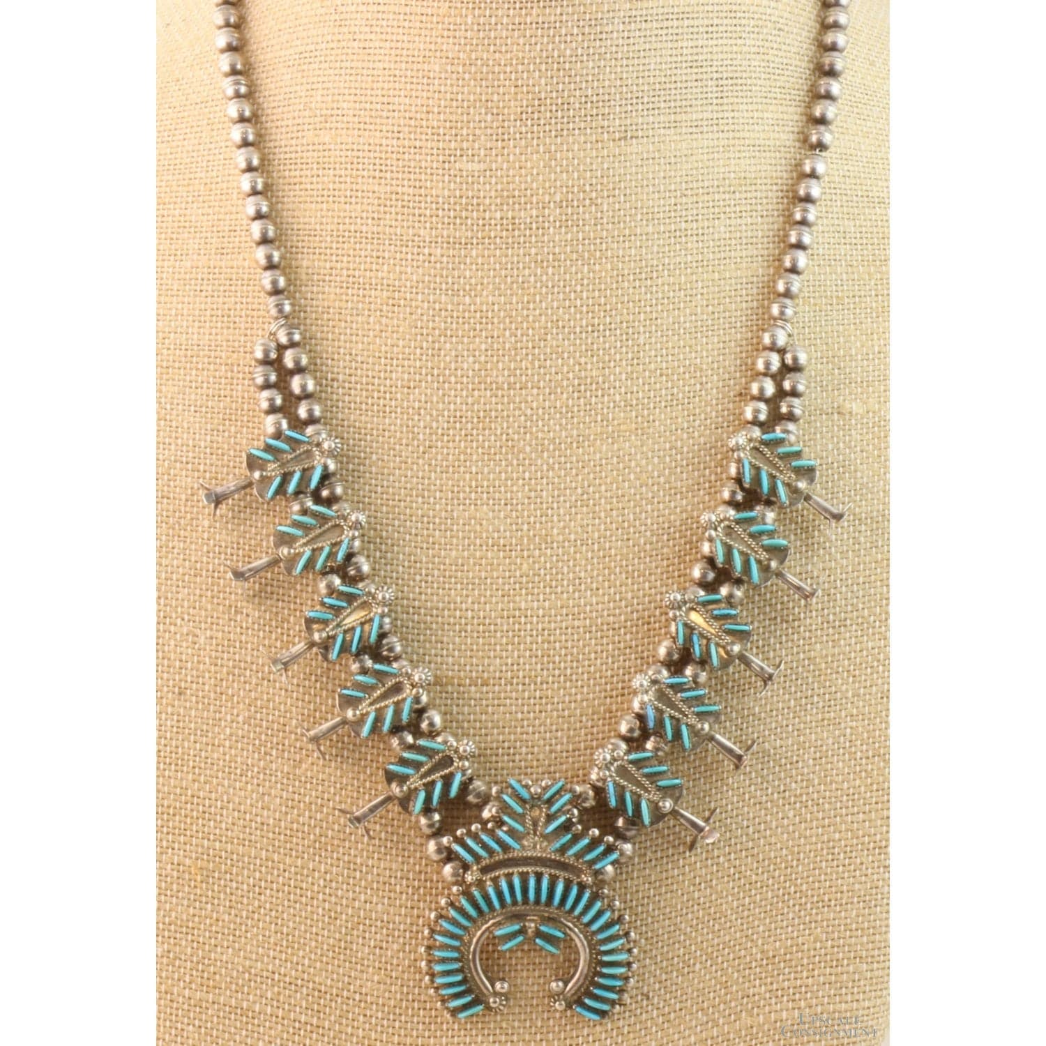 Zuni Needlepoint Turquoise & Sterling Silver Squash Blossom Necklace - 24" + 2" - Thumbnail 3
