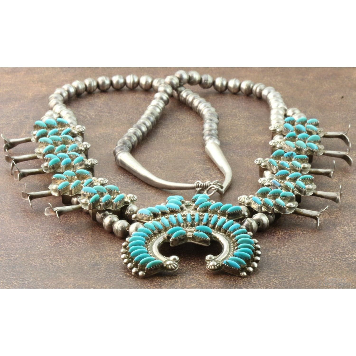Zuni Needlepoint Turquoise & Sterling Silver Squash Blossom Necklace - 24" + 2" - Thumbnail 5