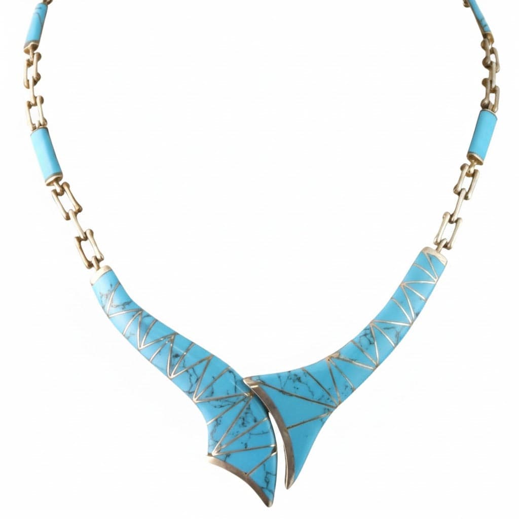 Vintage Turquoise Inlay Sterling Silver Statement Collar Necklace - 16.5" - 18" - Image 1