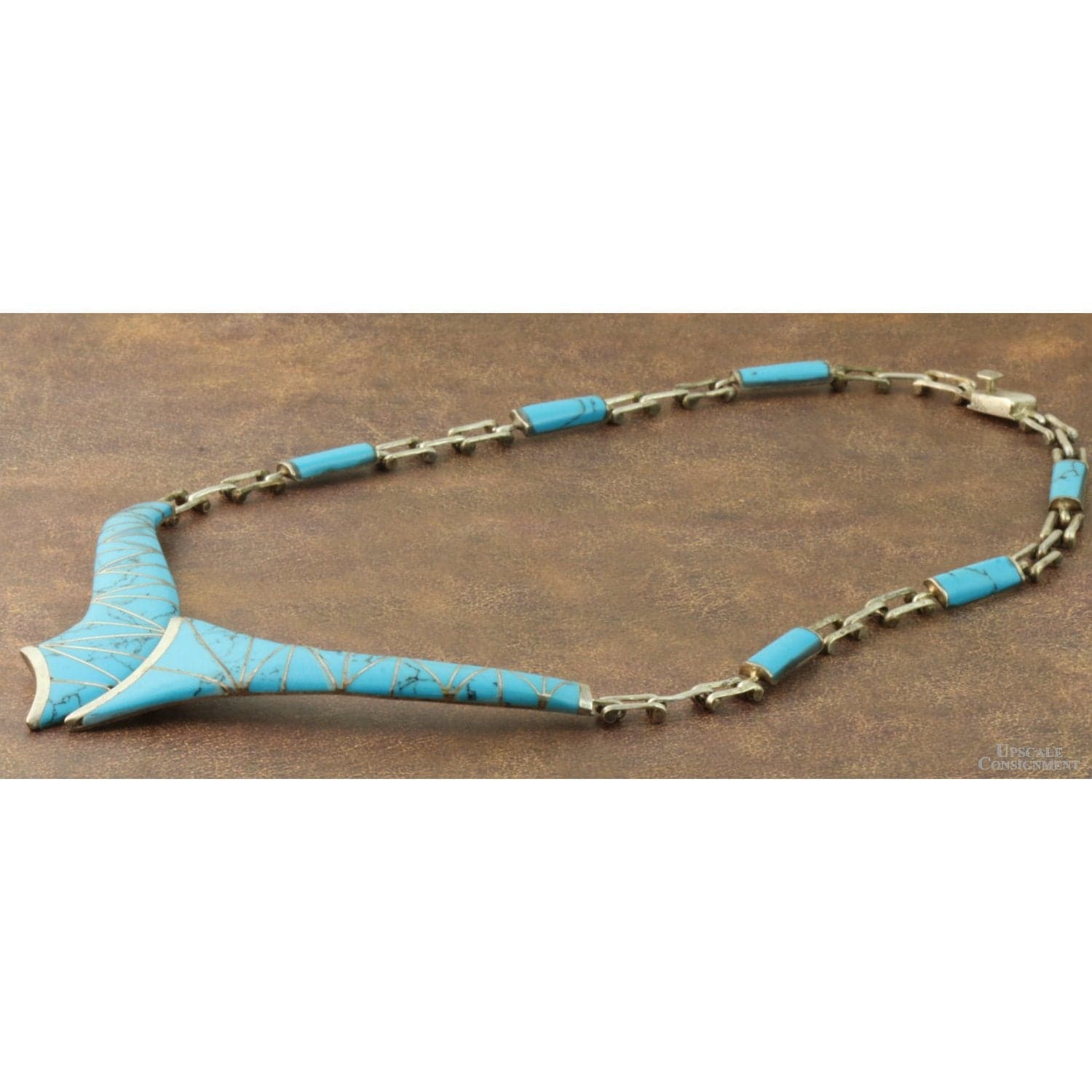 Vintage Turquoise Inlay Sterling Silver Statement Collar Necklace - 16.5" - 18" - Thumbnail 2