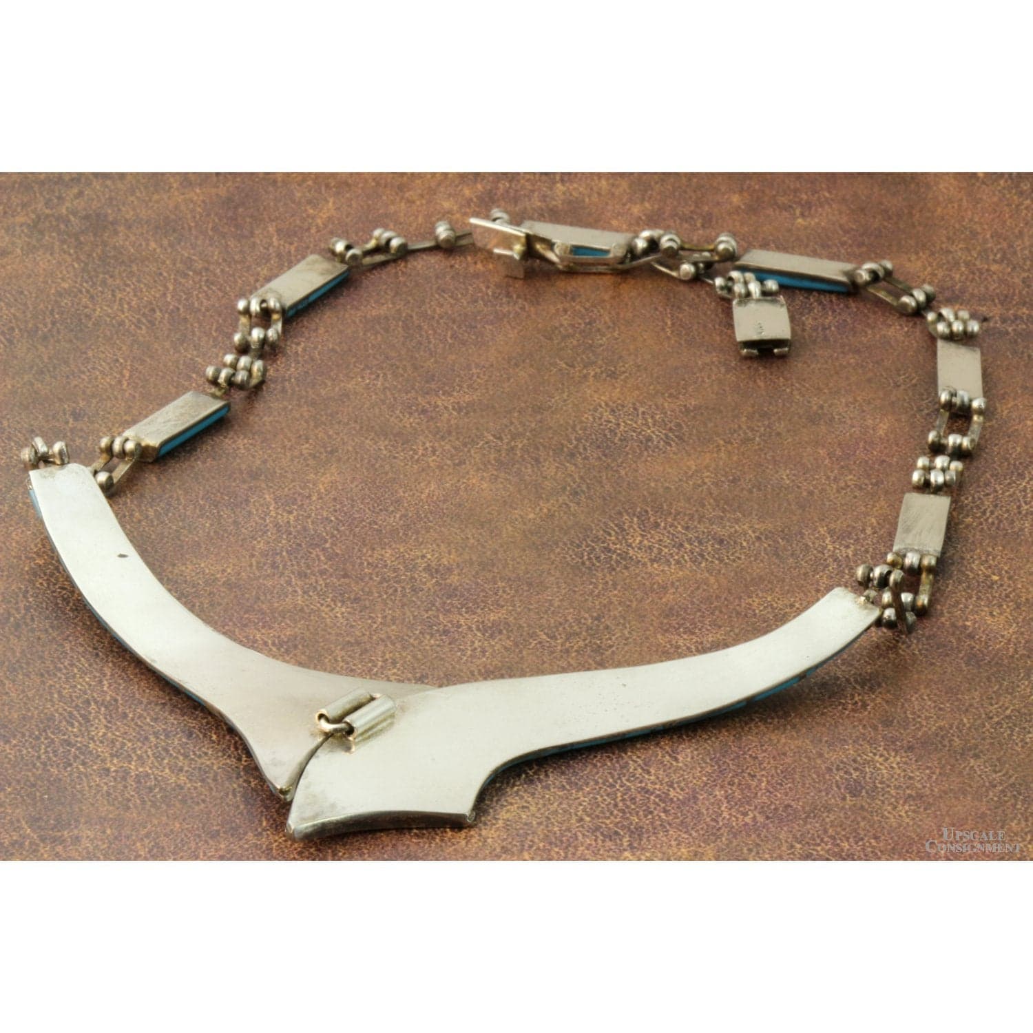 Vintage Turquoise Inlay Sterling Silver Statement Collar Necklace - 16.5" - 18" - Thumbnail 3